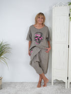 oversize Leinen Shirt mit Totenkopf Motiv