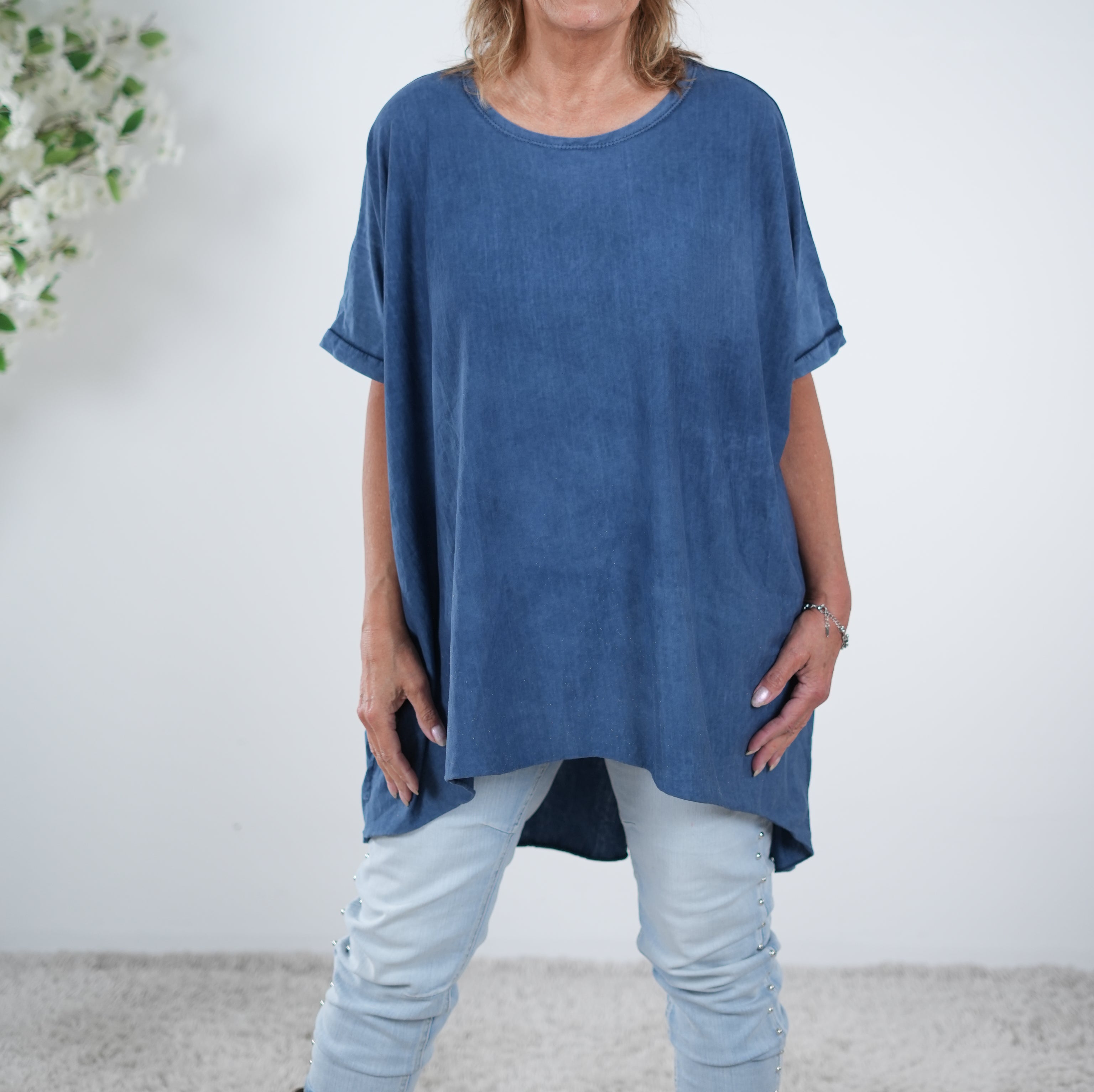 oversize Basic Shirt im Vokuhila Schnitt One Size (ca Gr. 42 44 "oversize"-48 50) Dunkles Blau