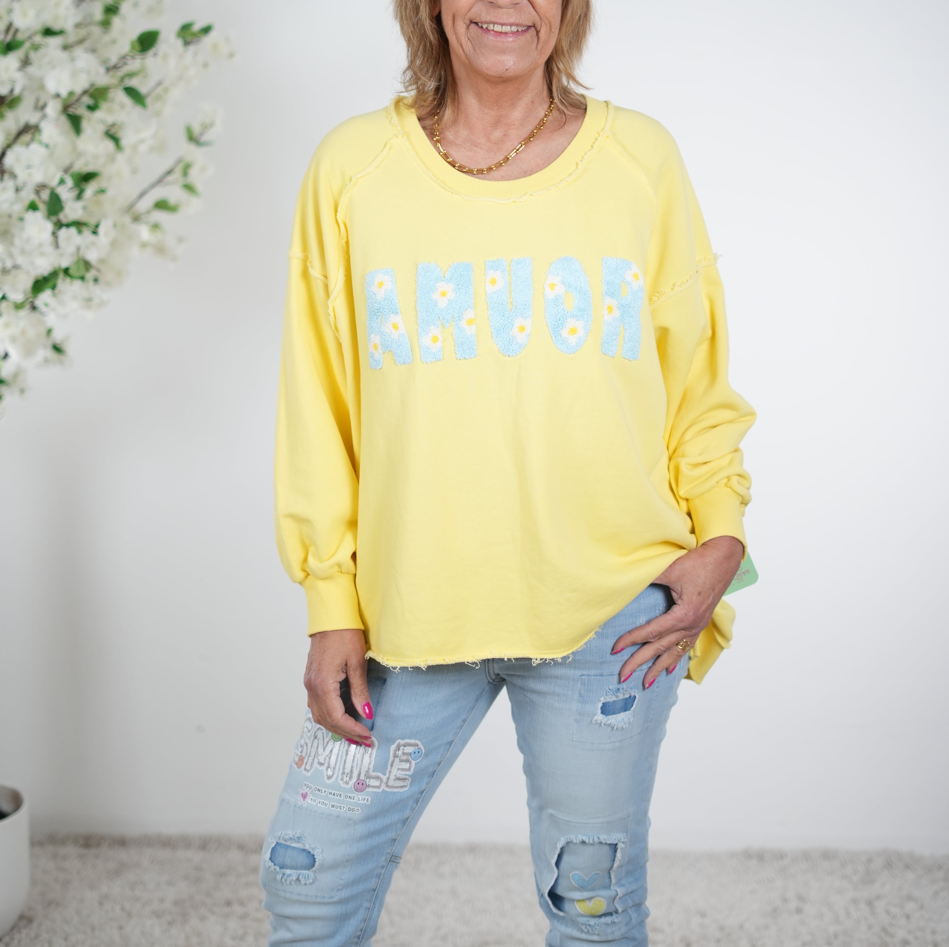 oversized Sweaty mit "Amour" Schriftzug One Size (ca Größe 38 "oversize"-44) Gelb