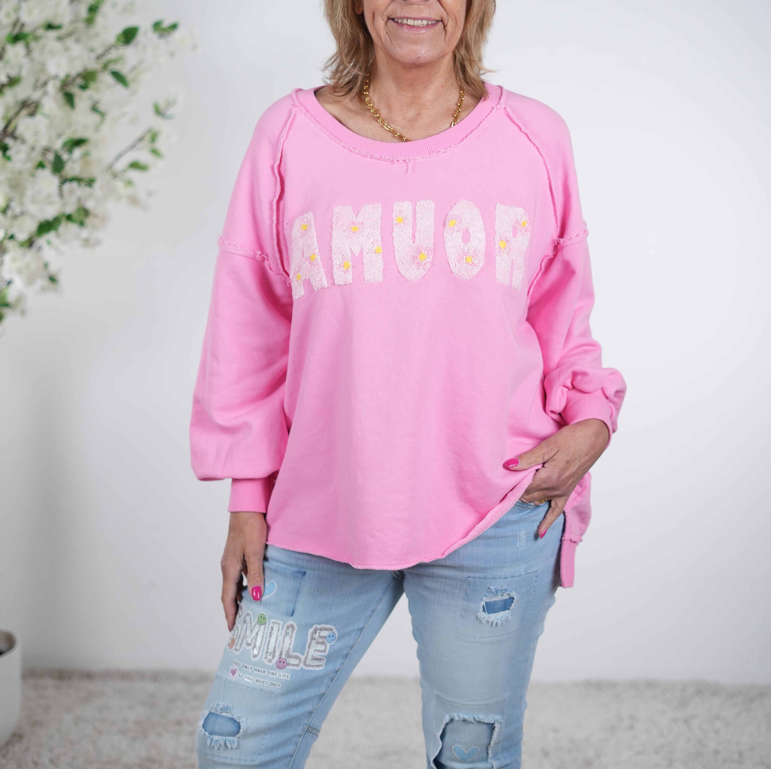 oversized Sweaty mit "Amour" Schriftzug One Size (ca Größe 38 "oversize"-44) Pink