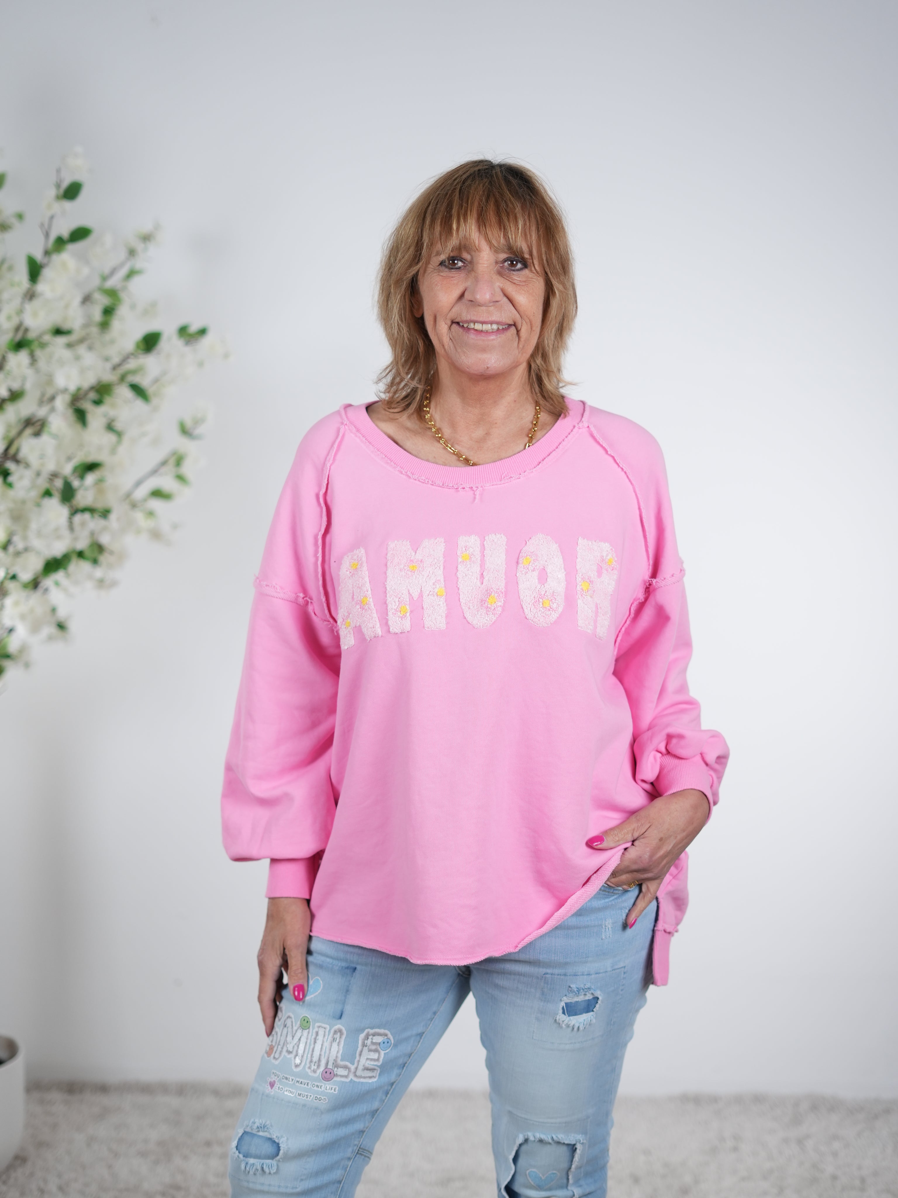 oversized Sweaty mit "Amour" Schriftzug One Size (ca Größe 38 "oversize"-44) Pink