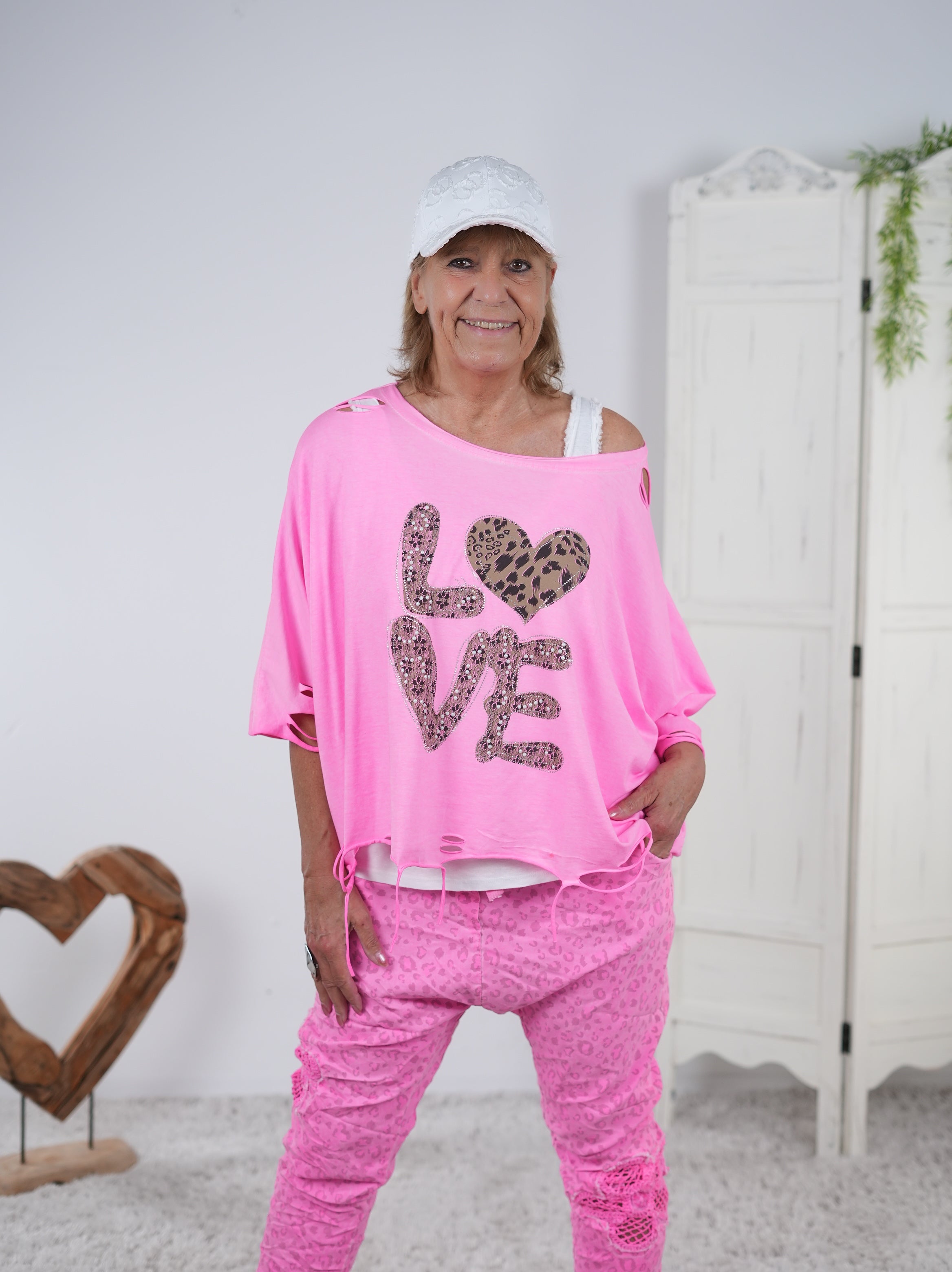 Poncho Shirt mit aufwendigem Motiv Neonpink