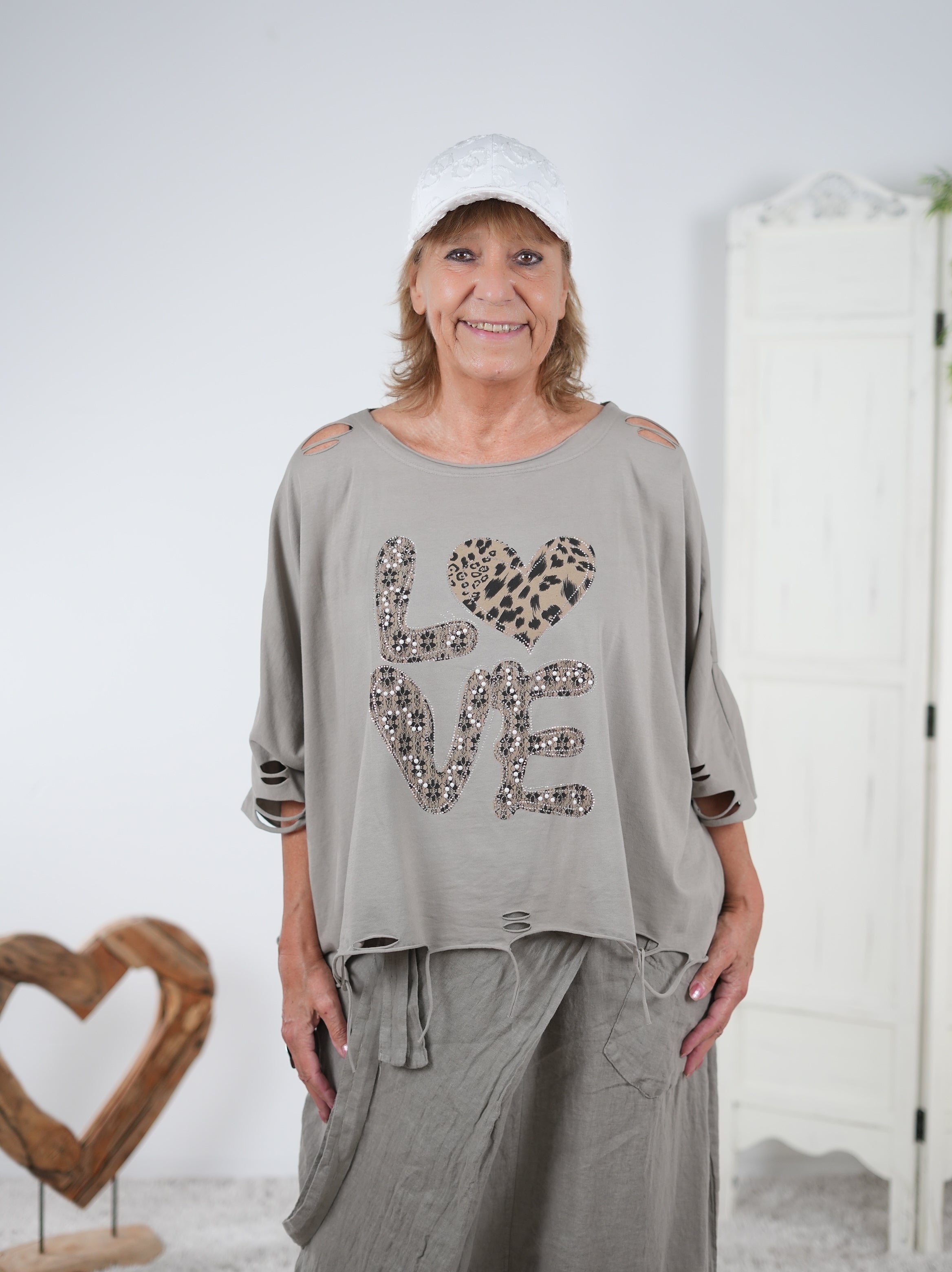 Poncho Shirt mit aufwendigem Motiv Taupe