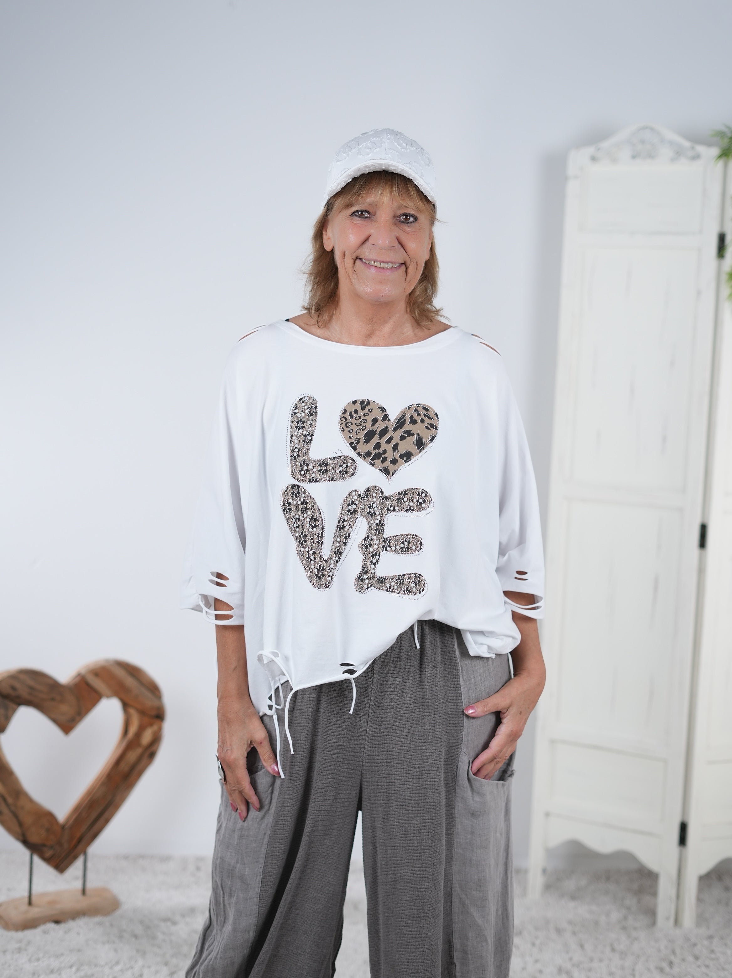 Poncho Shirt mit aufwendigem Motiv Weiß