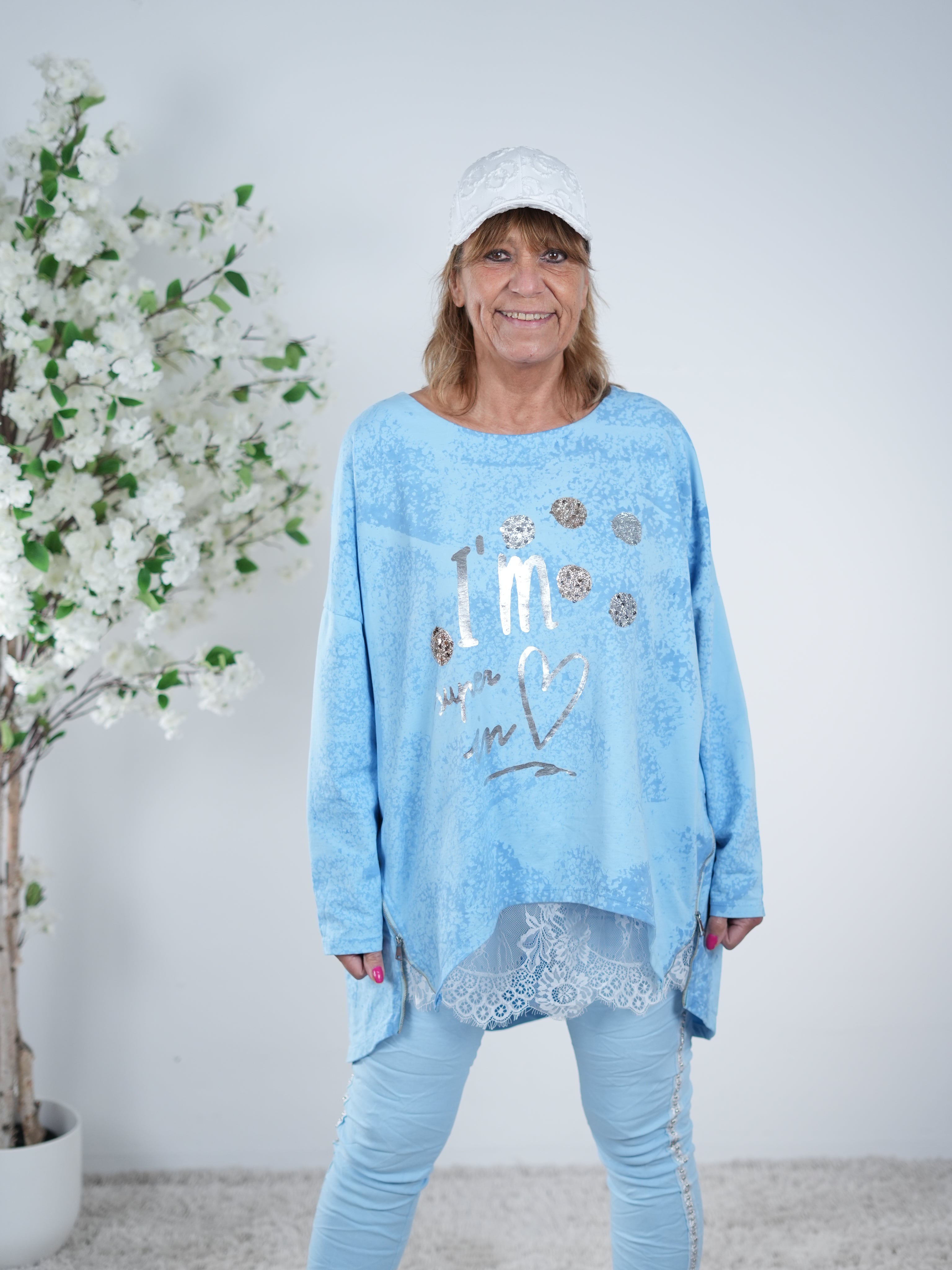 Sweaty im Batik Design und großem Rundhalsausschnitt One Size (ca Gr 40 "oversize"-46) Blau