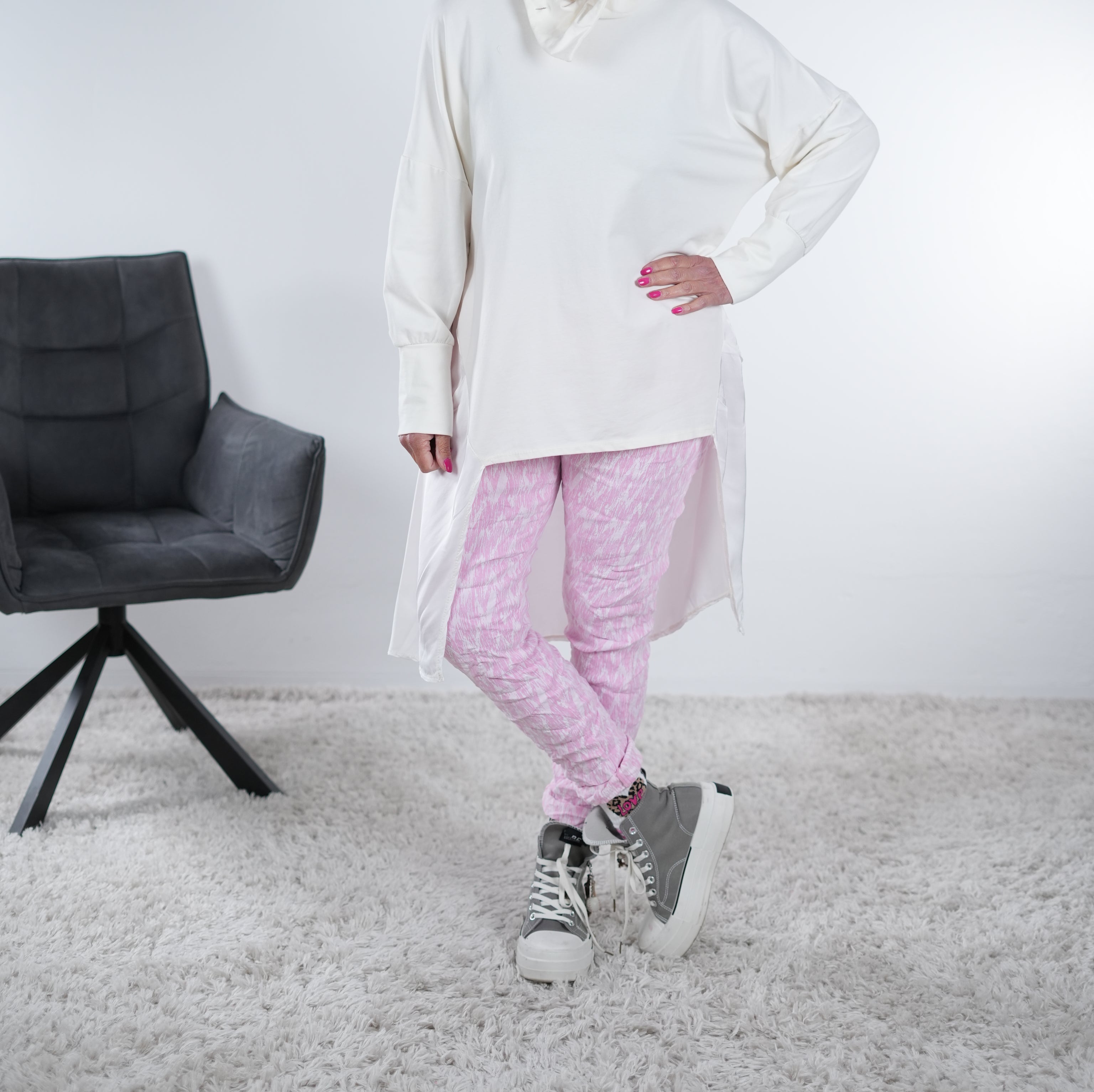 Tunika mit Satin Einsatz One Size (ca Größe 38 "oversize"-44) Wollweiß