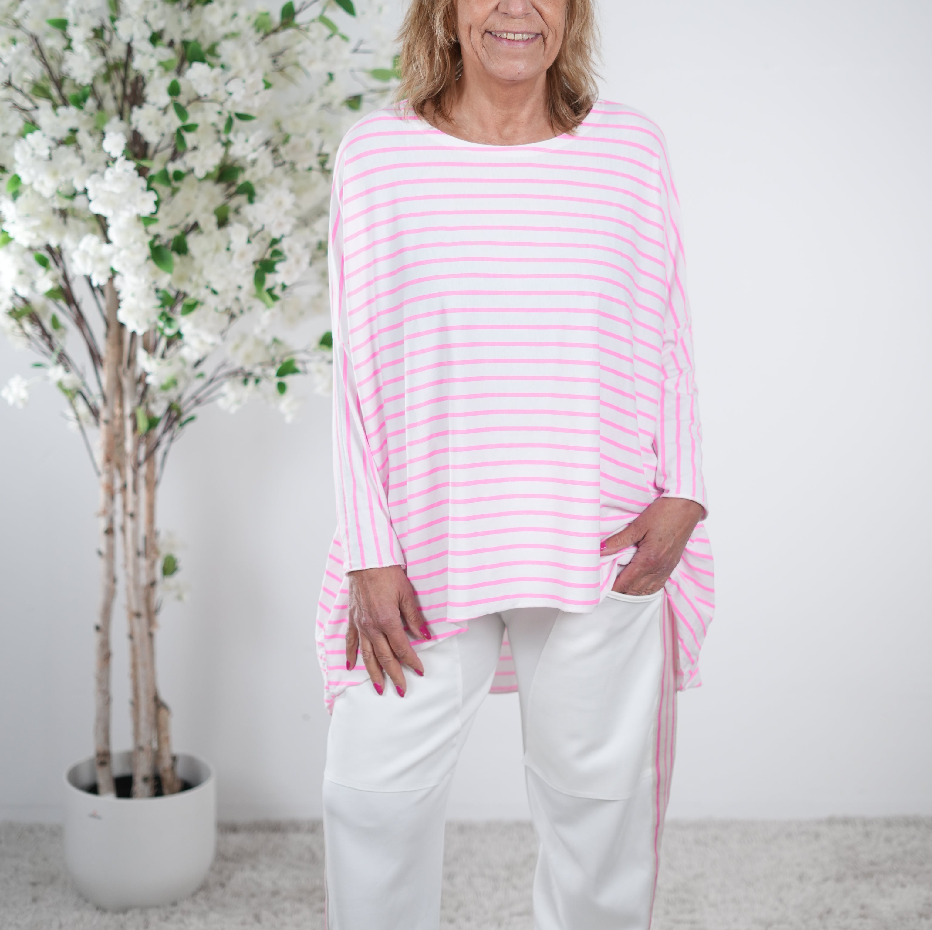 Vokuhila Shirt, langarm One Size (ca Größe 40 "oversize"-48) Pink Weiß