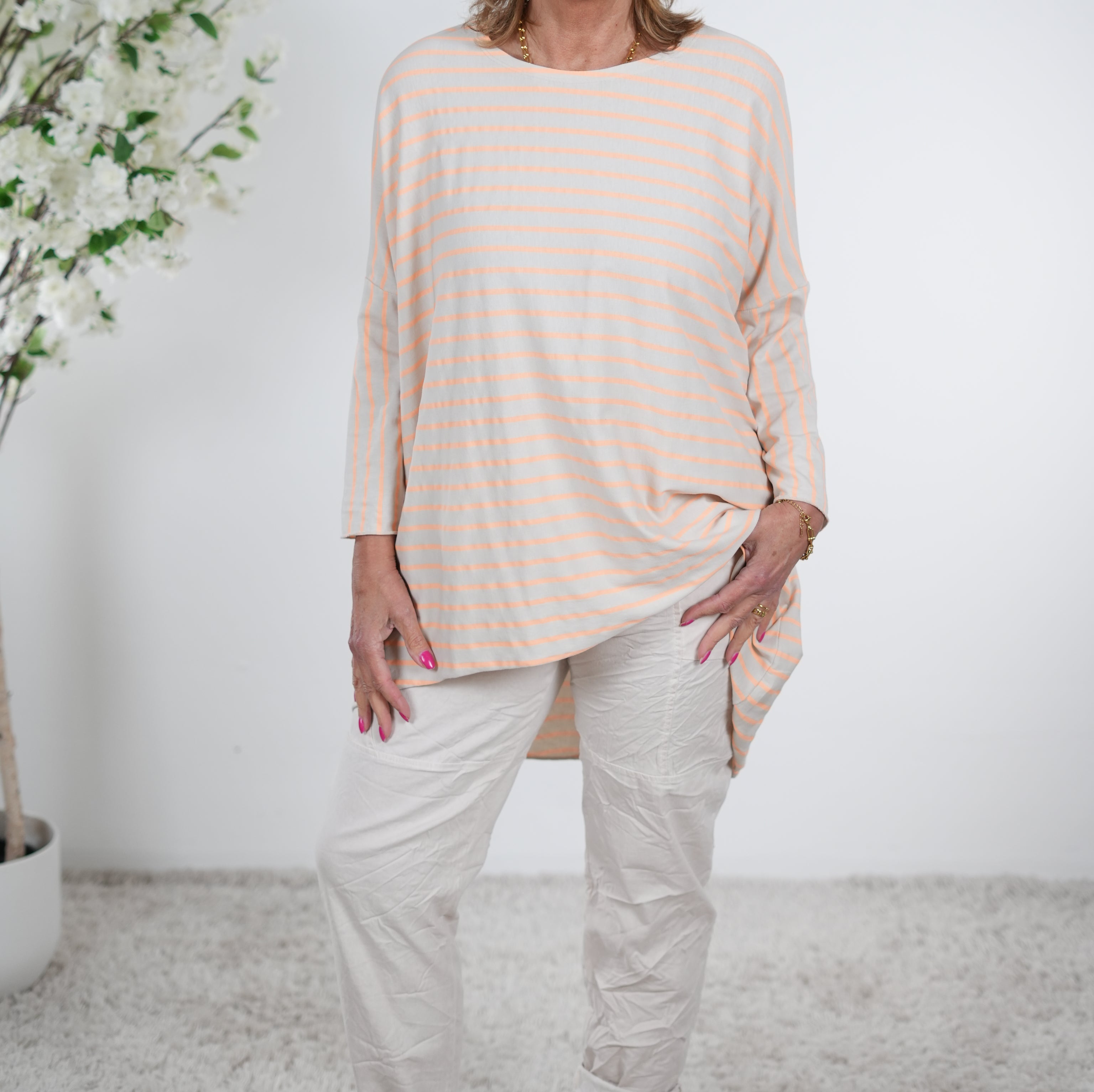 Vokuhila Shirt, langarm One Size (ca Größe 40 "oversize"-48) Beige Apricot