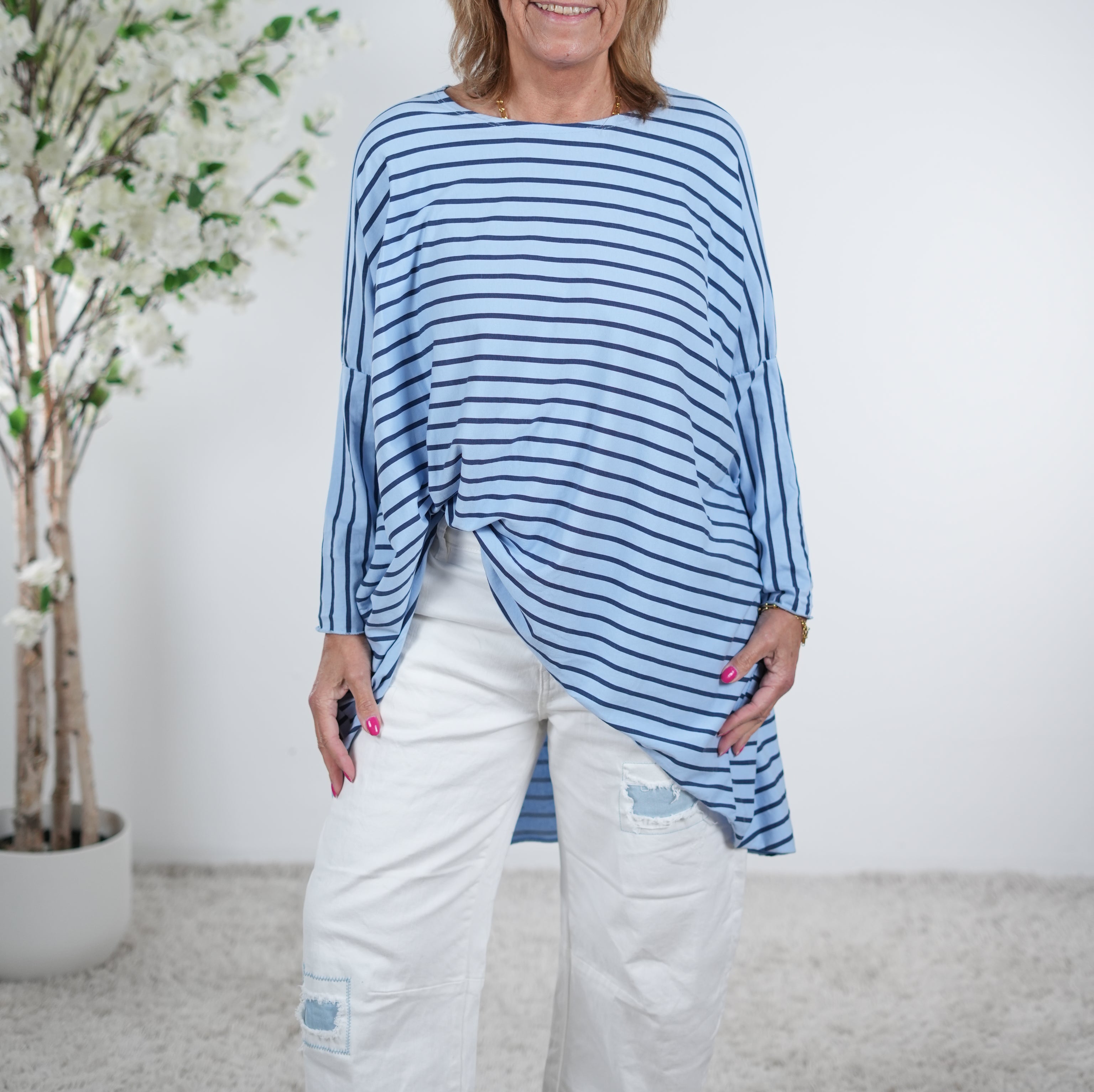 Vokuhila Shirt, langarm One Size (ca Größe 40 "oversize"-48) Hellblau Dunkelblau