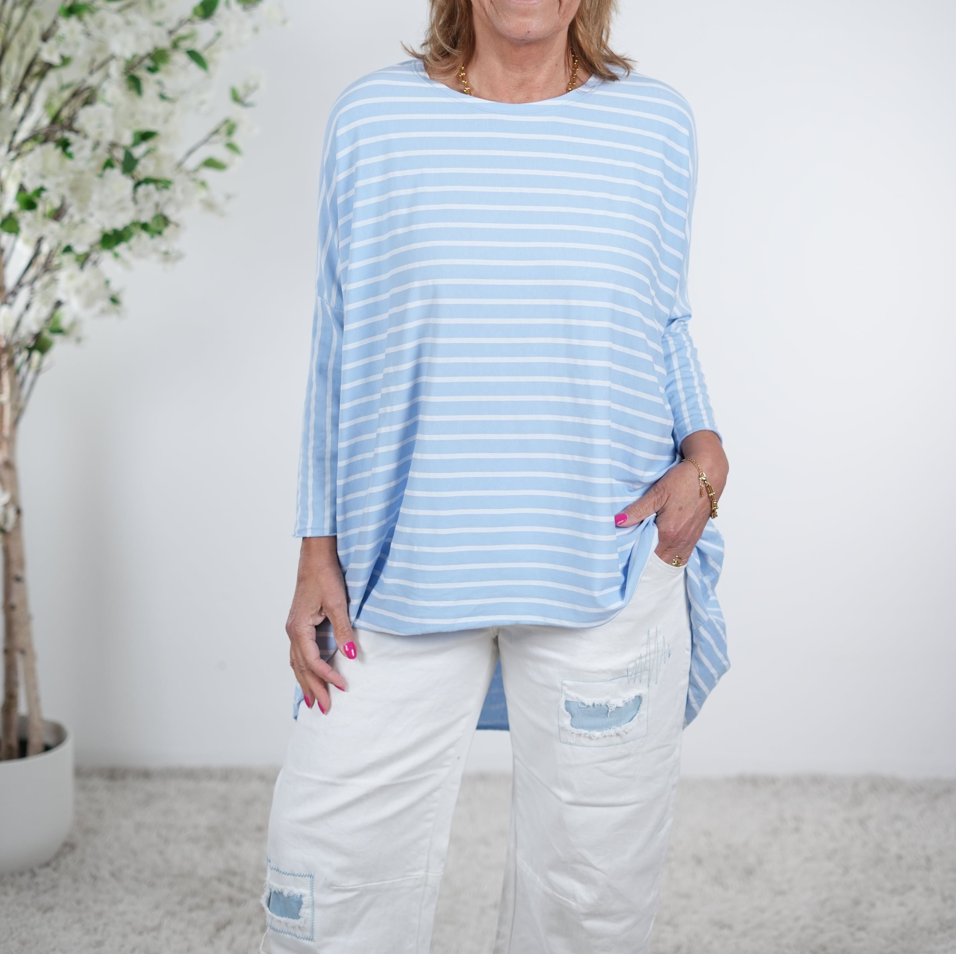 Vokuhila Shirt, langarm One Size (ca Größe 40 "oversize"-48) Hellblau Weiß