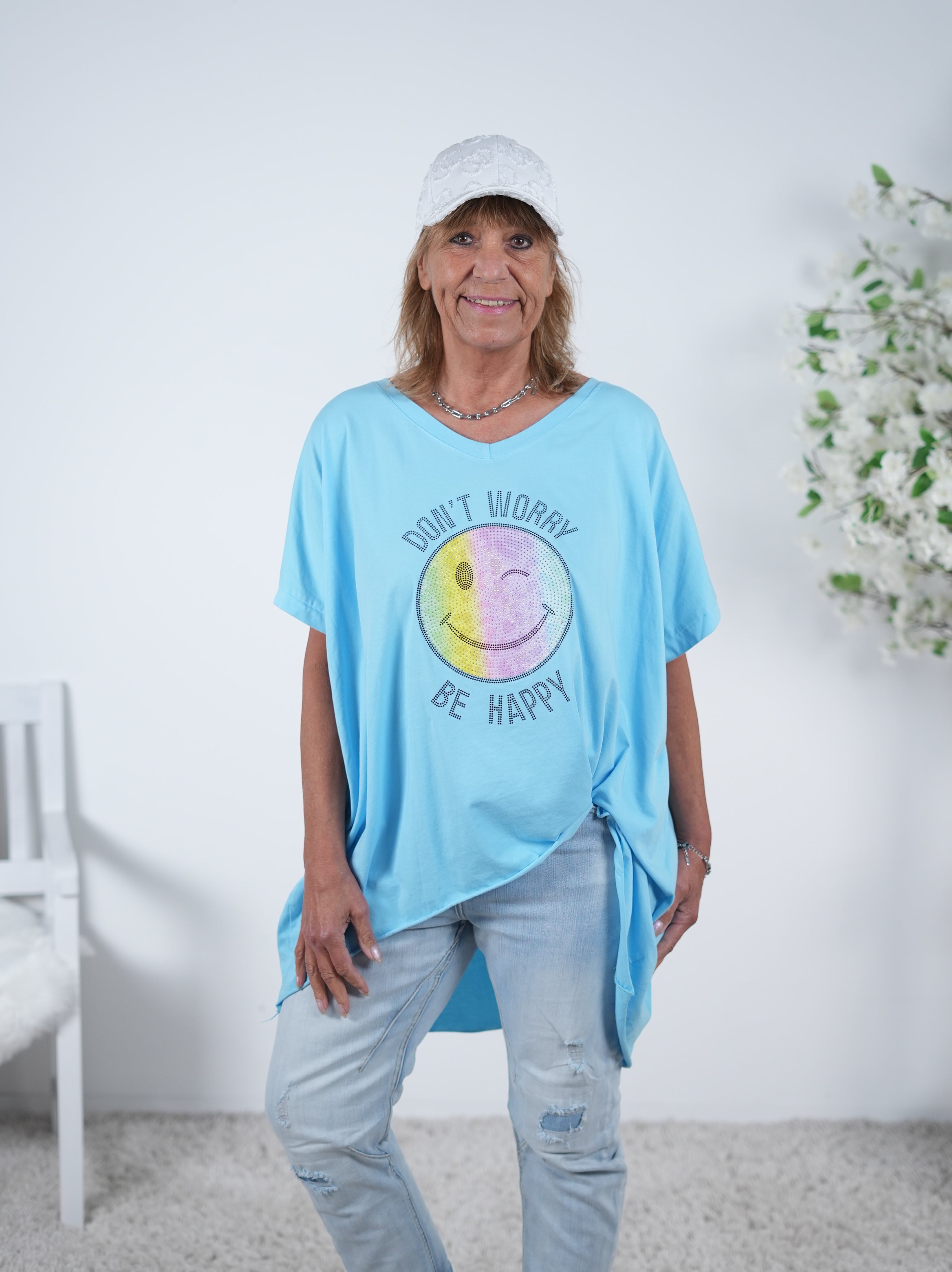 Vokuhila Shirt mit Gute-Laune Patch One Size (ca Größe 40 "oversize"-46) Blau