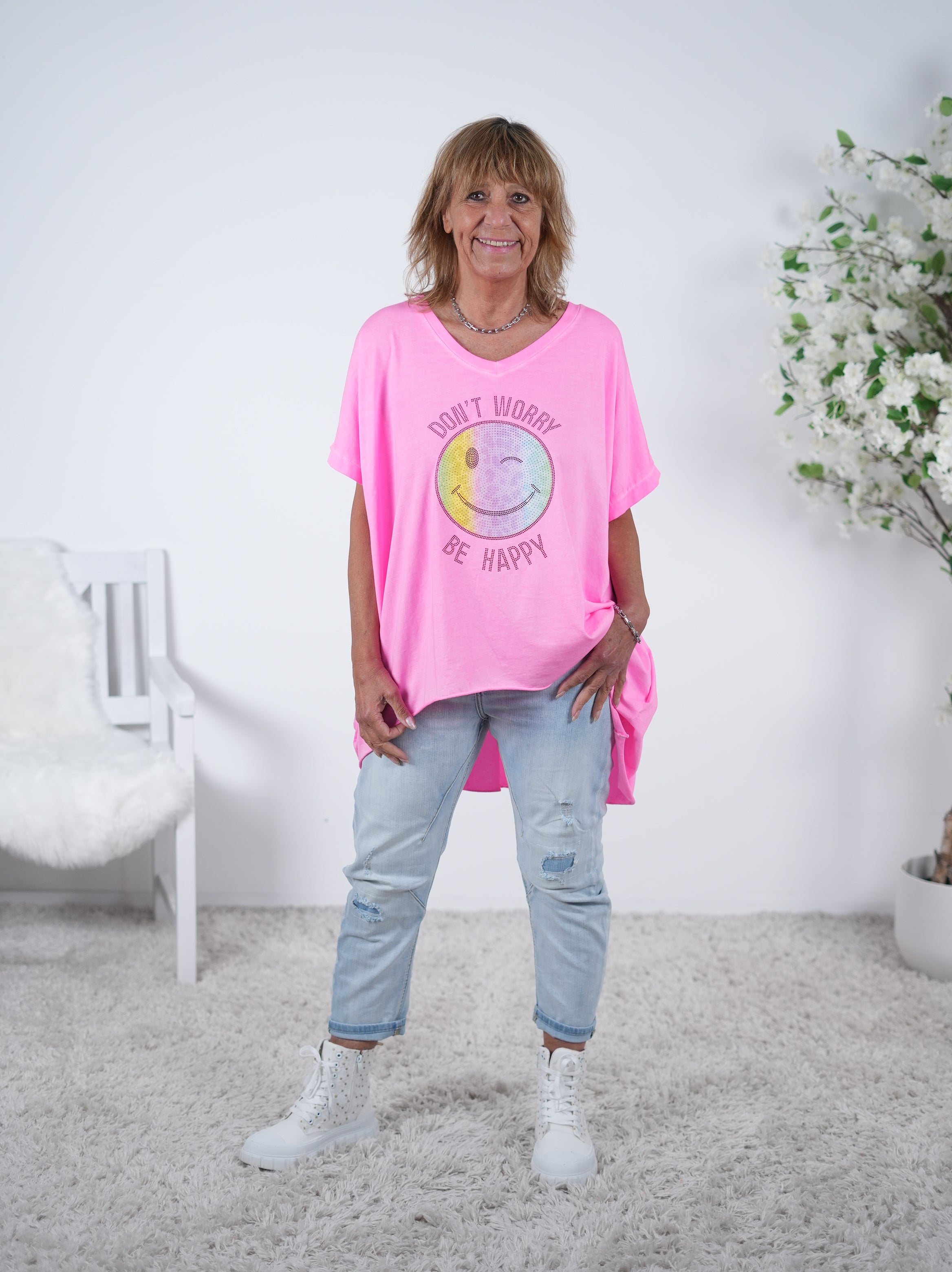 Vokuhila Shirt mit Gute-Laune Patch One Size (ca Größe 40 "oversize"-46) Neonpink