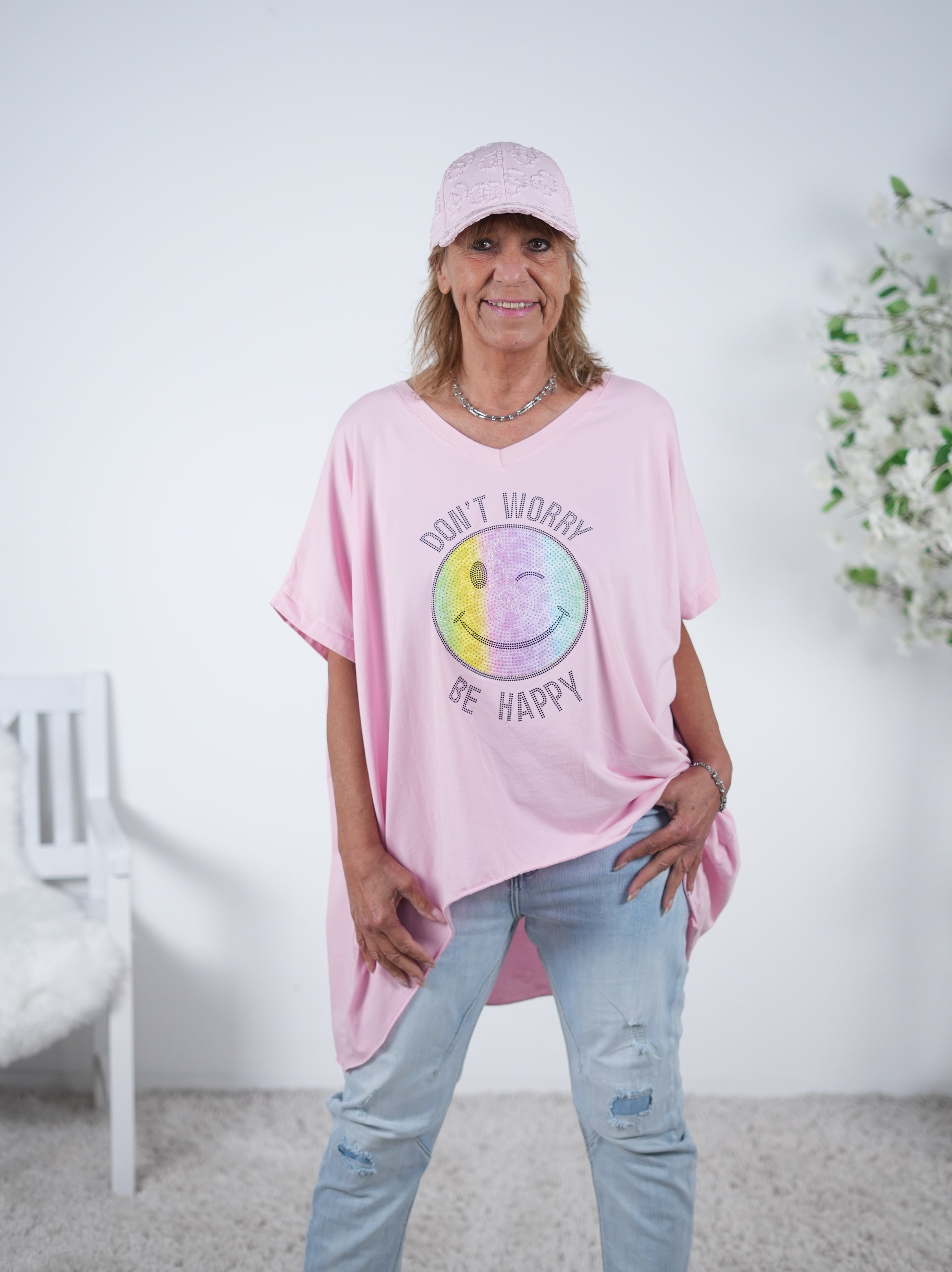 Vokuhila Shirt mit Gute-Laune Patch One Size (ca Größe 40 "oversize"-46) Rose