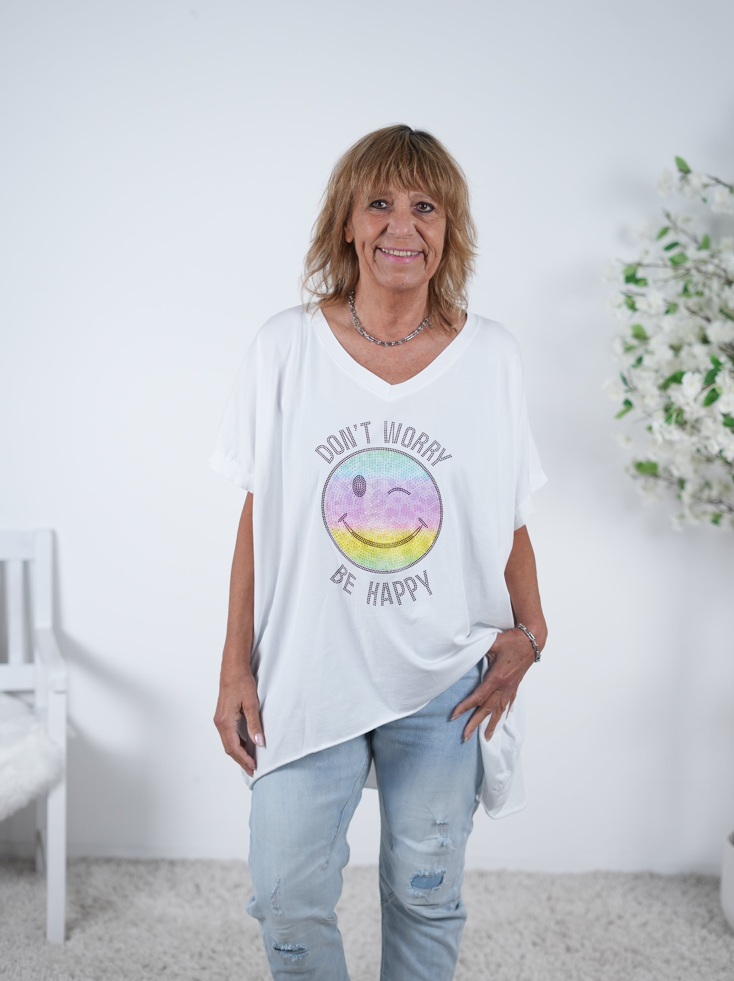 Vokuhila Shirt mit Gute-Laune Patch One Size (ca Größe 40 "oversize"-46) Weiß
