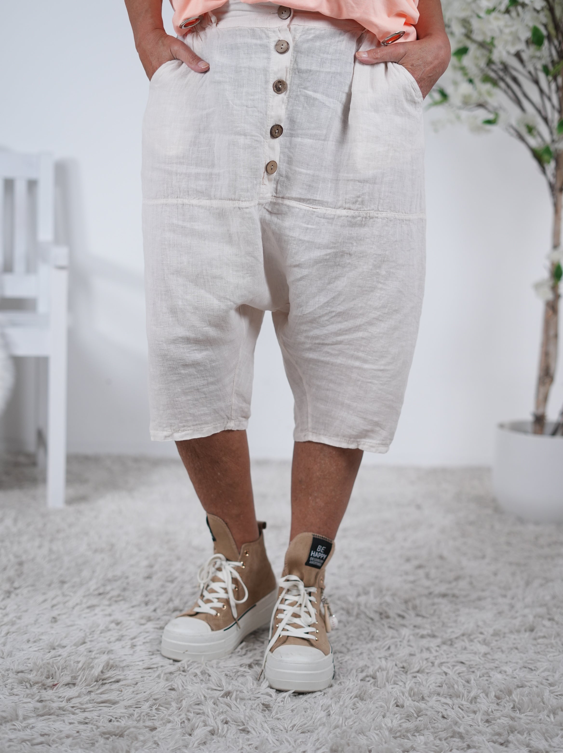 Leinen Baggy mit Knopfleiste Vanille