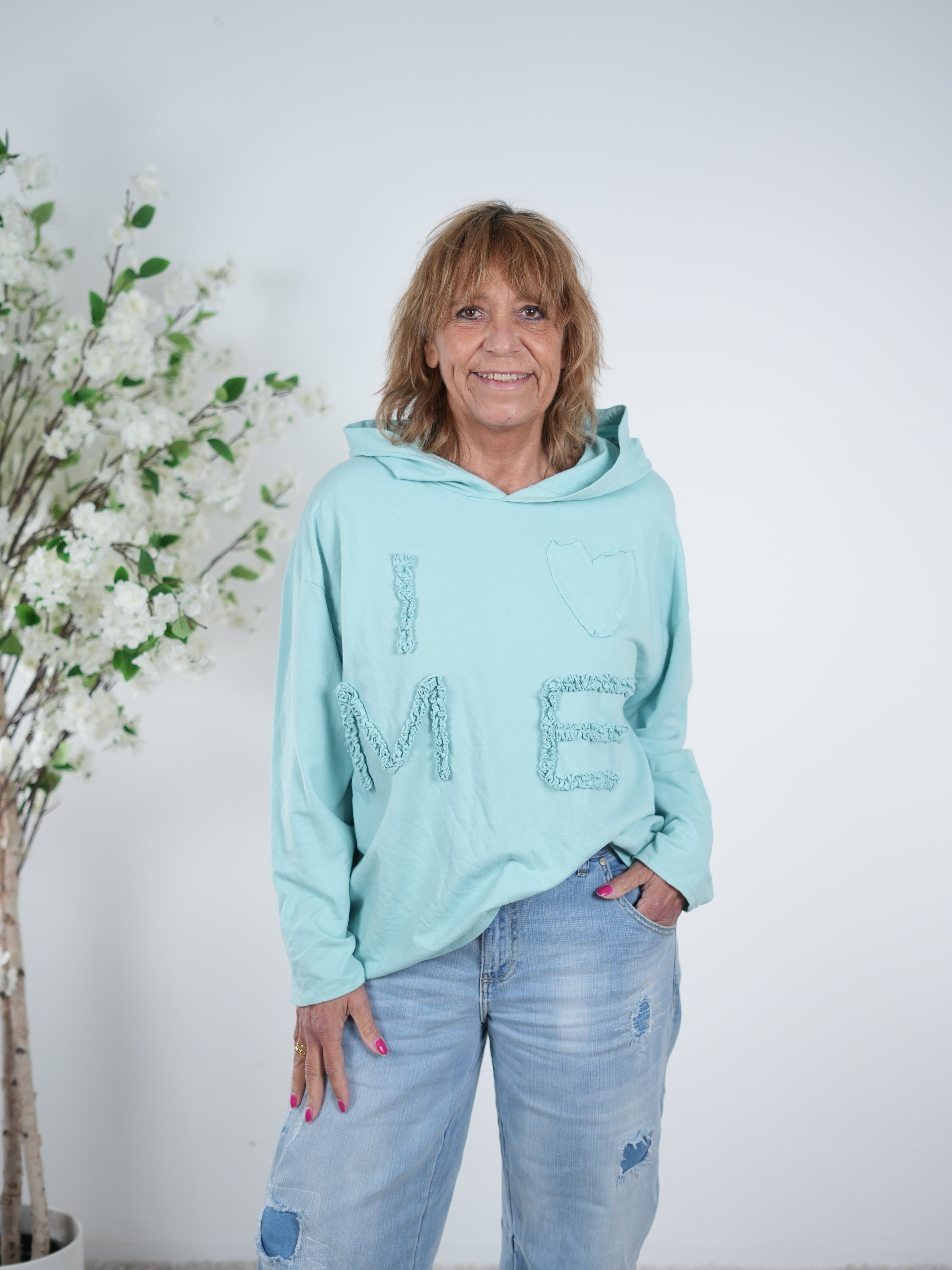 leichter Hoody mit Patches One Size (ca Größe 38 "oversize"-44) Türkis