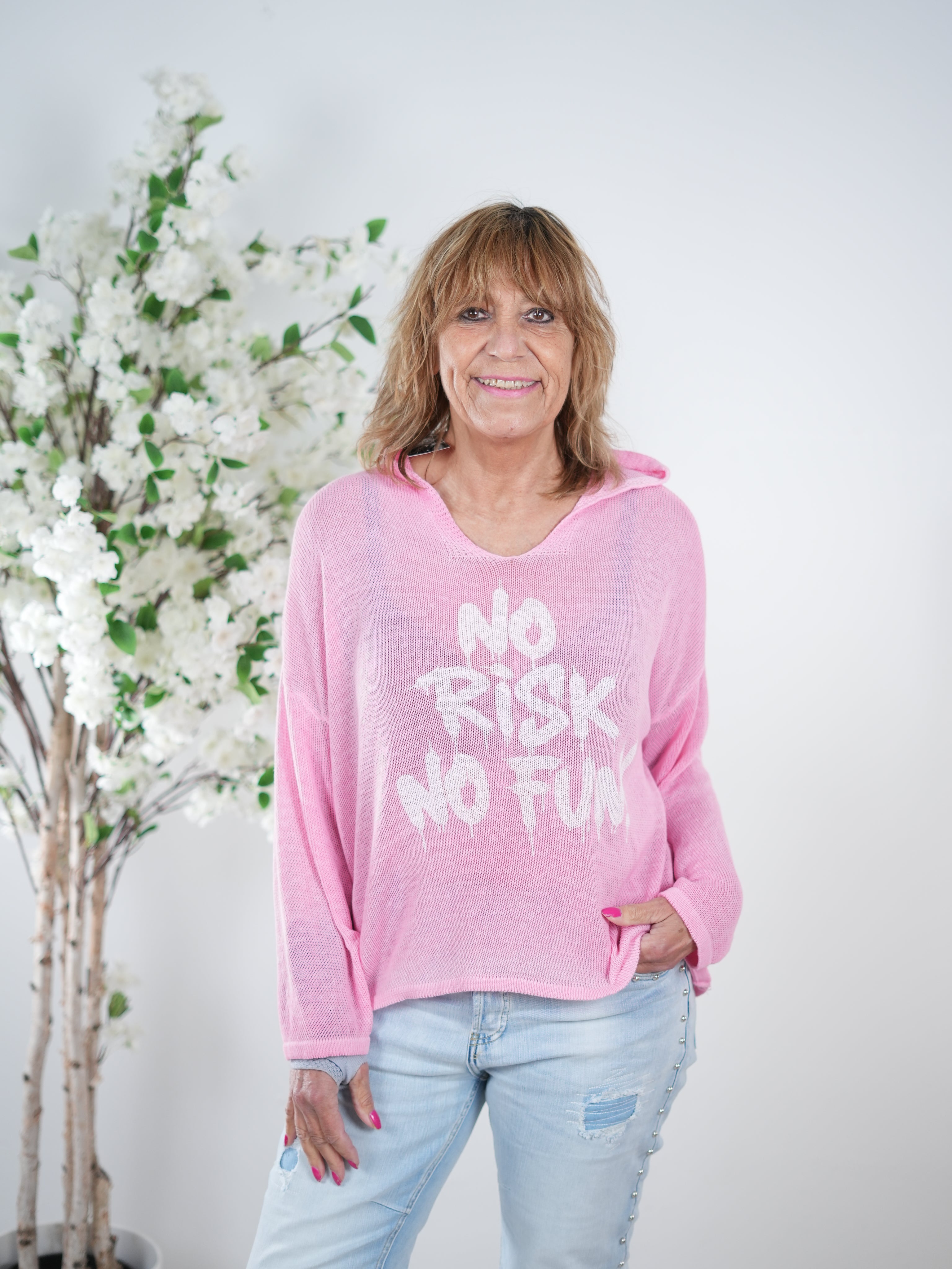 leichter Strickpulli mit Kapuze und Schriftzug One Size (ca Größe 38-42 44) Pink