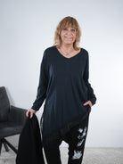 Basic langarm Shirt mit Spitze verziert One Size (ca Größe 40 "oversize"-44 46) Schwarz