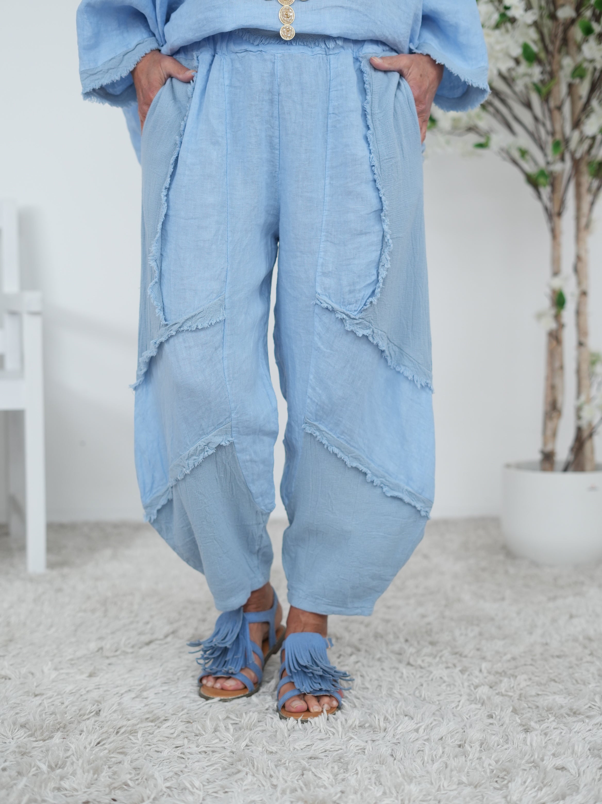 Leinen Pants mit Fransen und Gummibund Blau