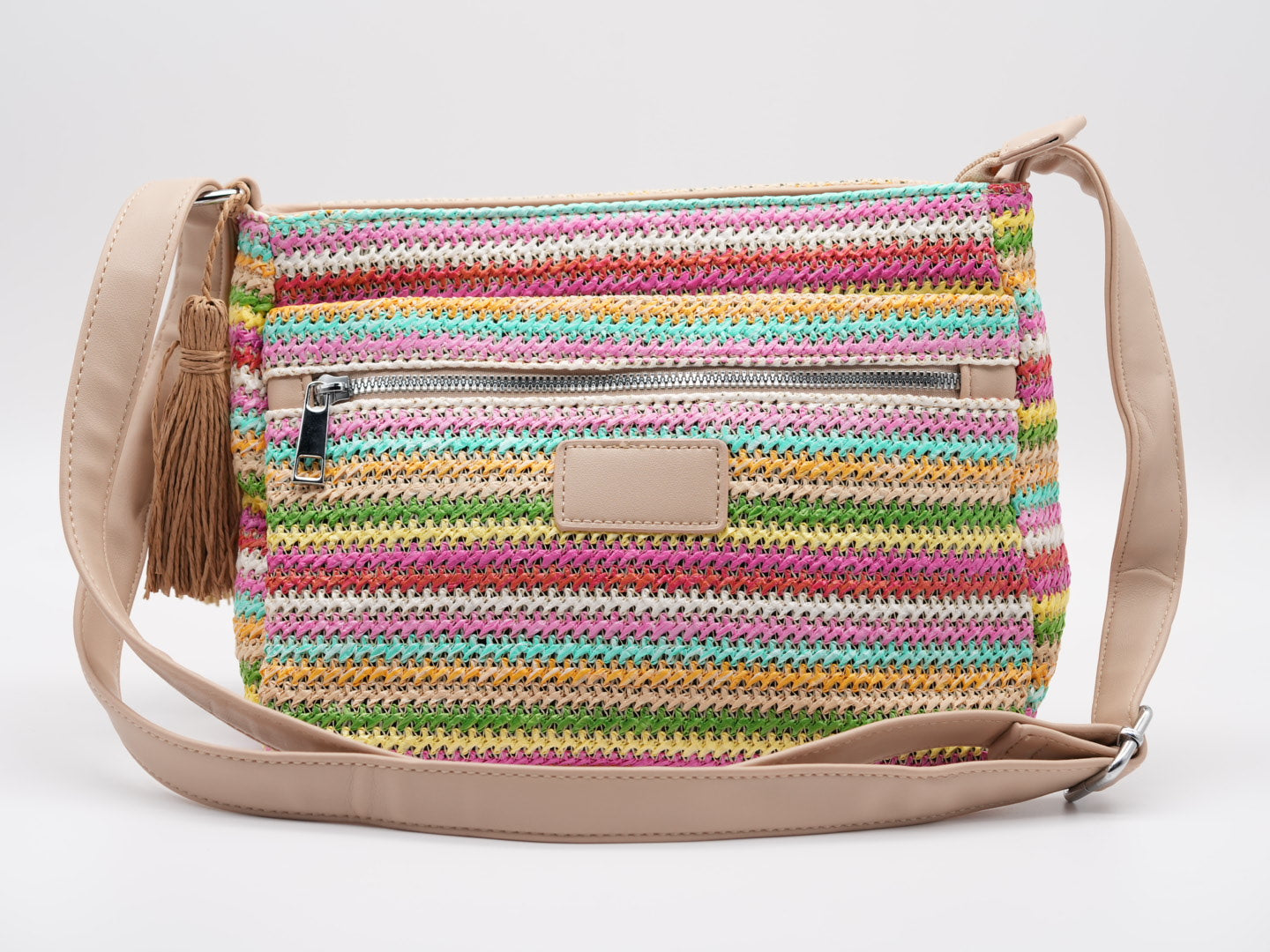 Geflochtene Crossbag mit Fransen Detail Beige Pink Türkis