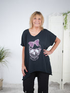 oversize Shirt mit Skull Print und Strasssteinen Schwarz