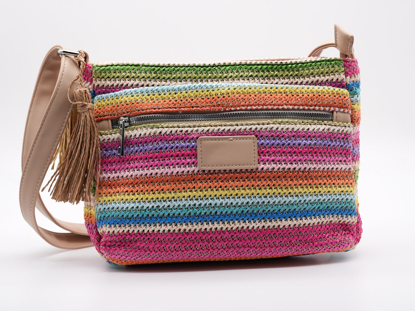 Geflochtene Crossbag mit Fransen Detail Beige Pink Blau