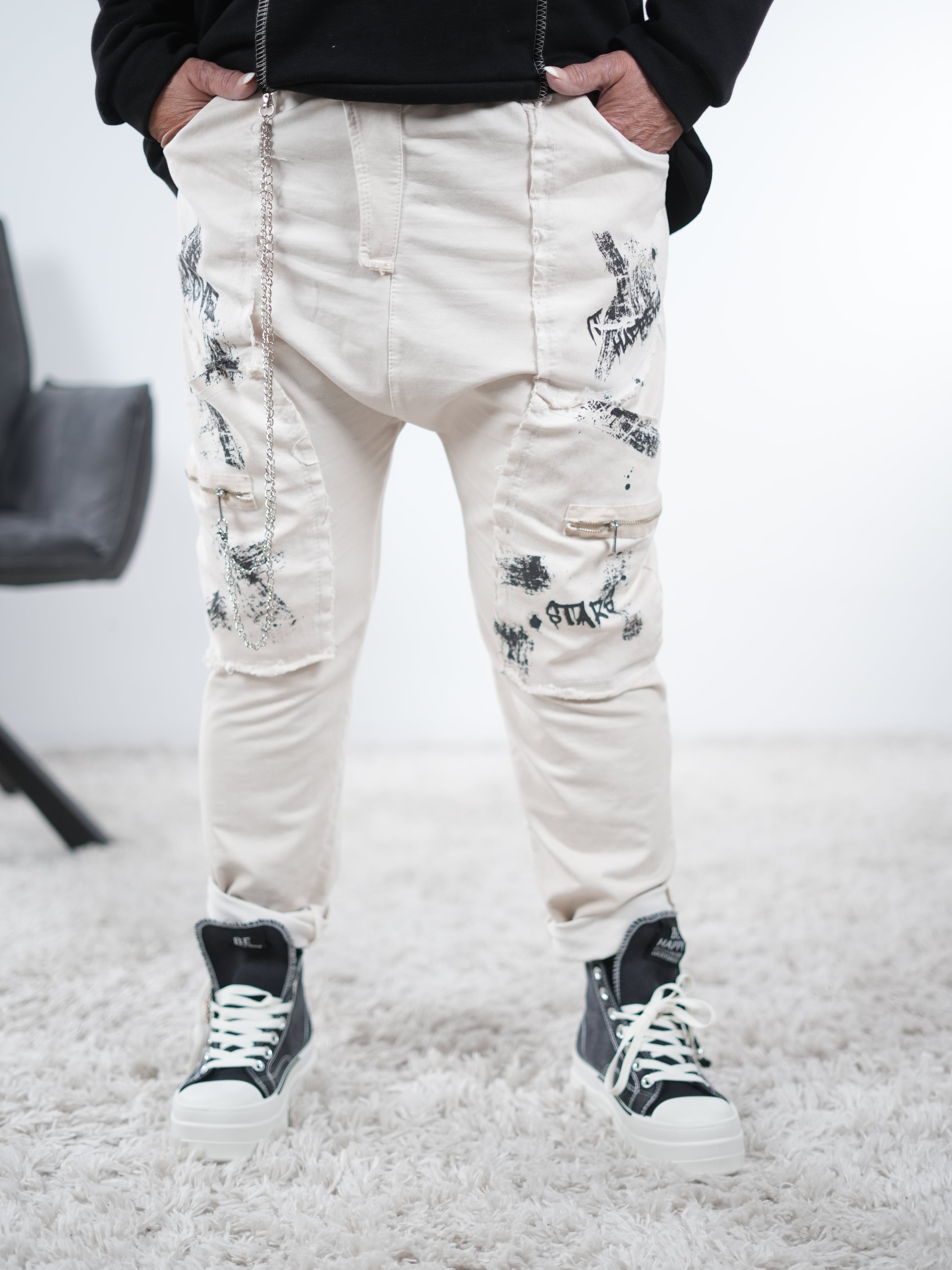 Baggy mit Zipper, Print und großen Eingriffstaschen One Size (ca Größe 38-42 44) Beige