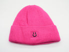 Pinke Damen Beanie aus Rippstrick mit gesticktem Smiley-Patch, modische Wintermütze