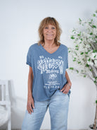 bequemes Shirt, stonewashed mit Print Einheitsgröße (ca Gr. 38 "oversize"-44) Blau