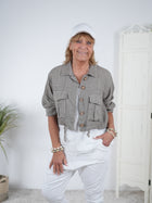 Crop Leinen Jacke mit Knopfleiste