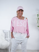 Crop Shirt im destroyed Look und Schriftzug One Size (ca Gr. 38 "oversize"-42 44) Rosa