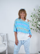 Crop Shirt im Leo Look Einheitsgröße (ca Gr. 38 "oversize"-42) Blau Pink Gelb