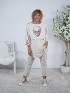 Crop Shirt mit Totenkopf Print und Strasssteinen Einheitsgröße (ca Gr. 38 "oversize"-42) Beige