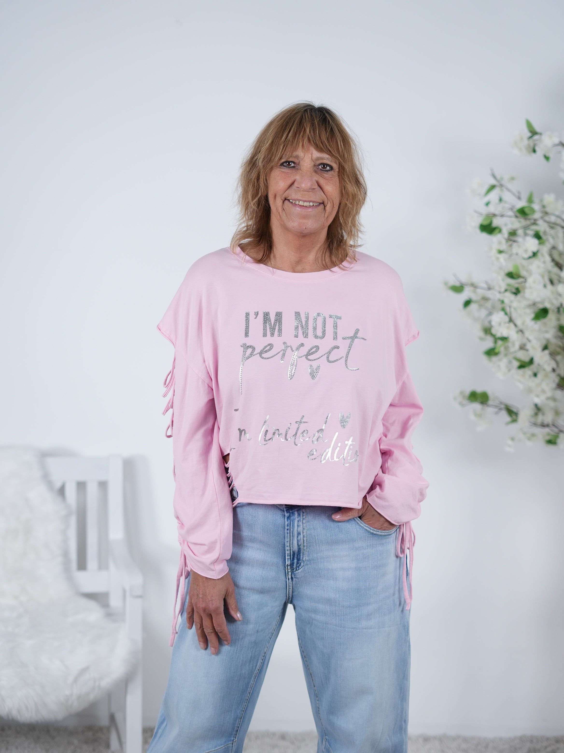 destroyed Shirt mit markantem Schriftzug Einheitsgröße (ca Gr. 38 "oversize"-42) Rosa