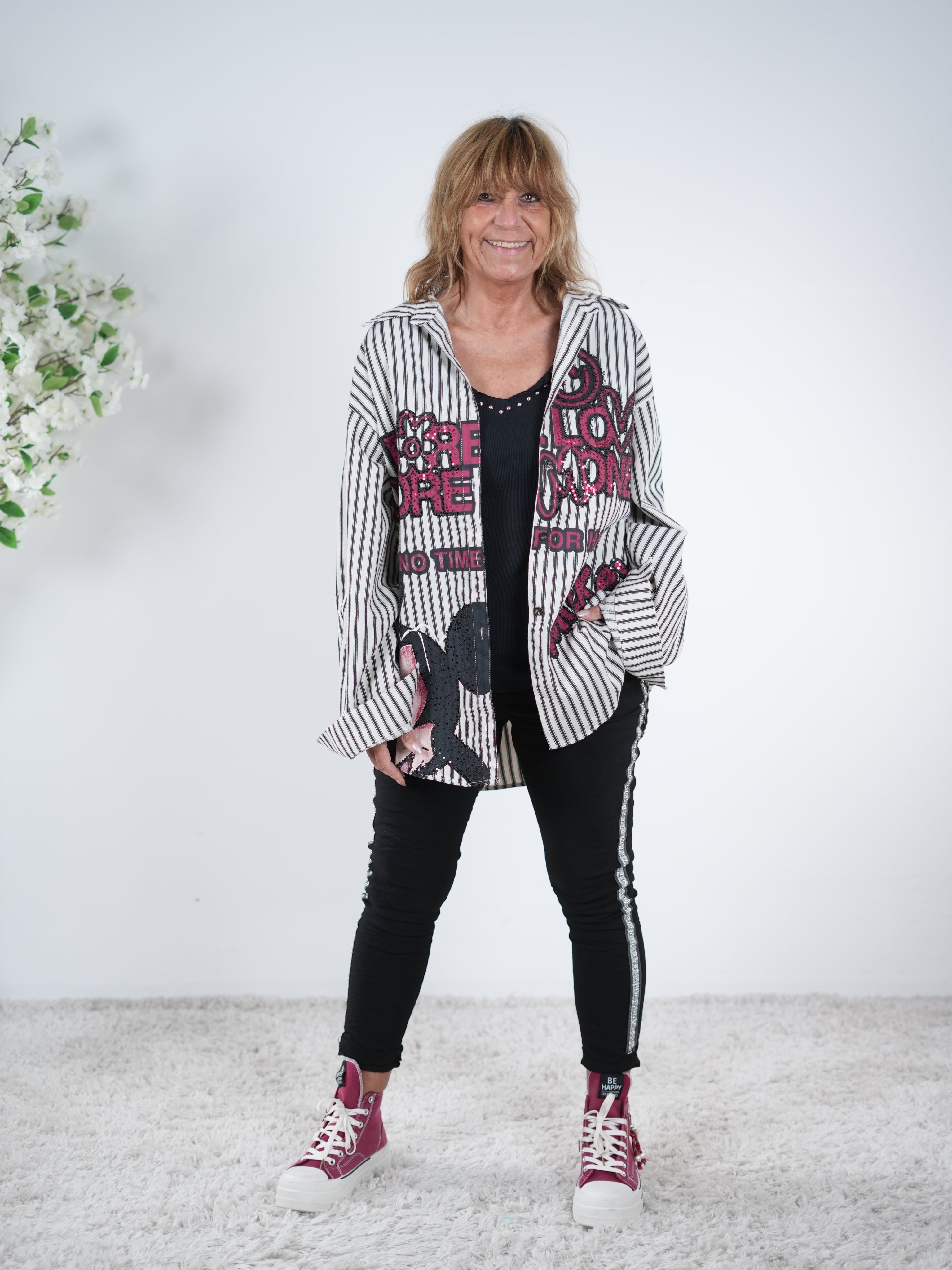 gestreifte Hemdbluse mit Pailletten verziert