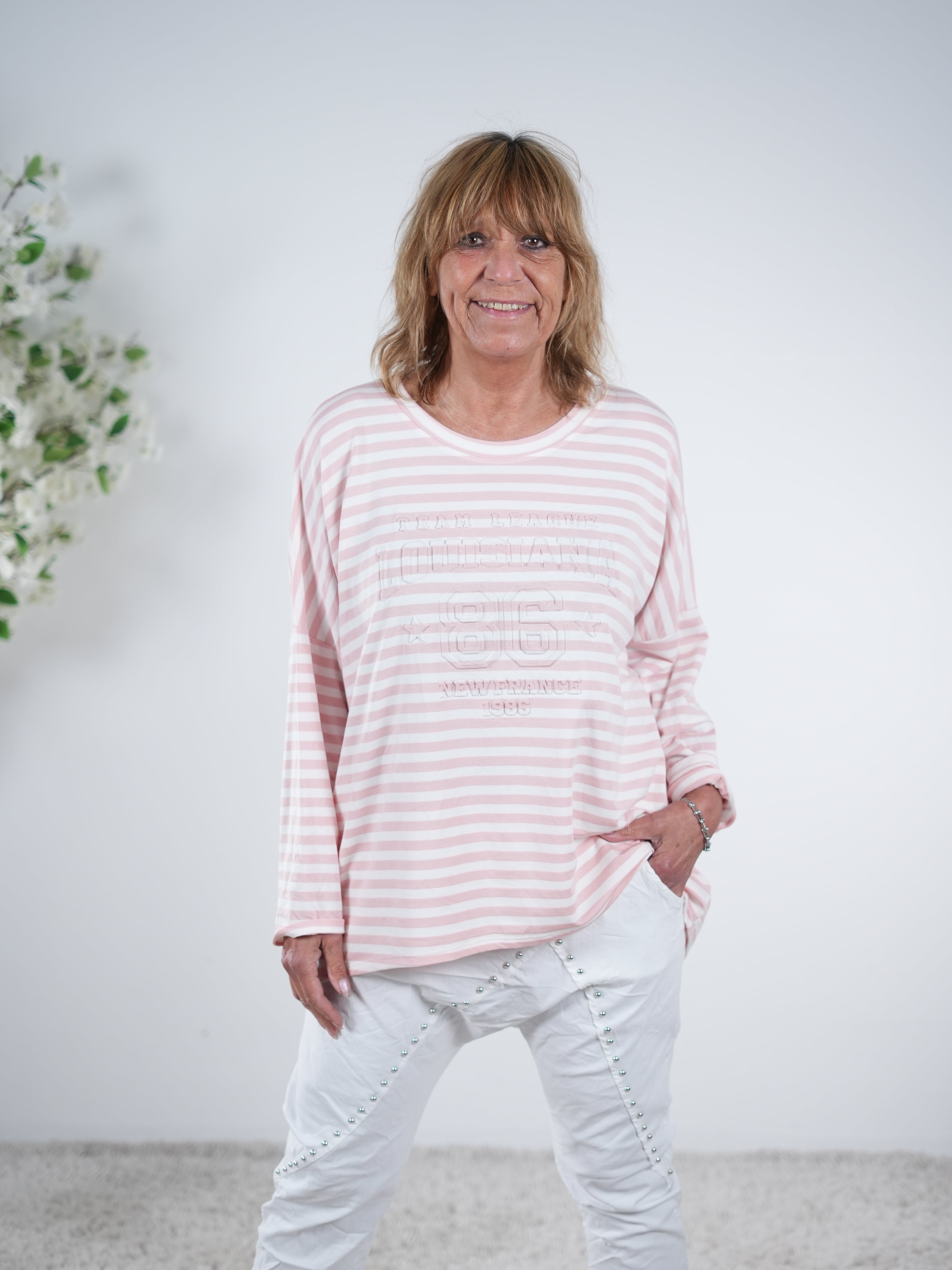 Gestreiftes Shirt mit 3D Motiv One Size (ca Gr. 40 "oversize"-44) Rosa