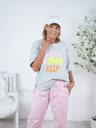 gestreiftes Shirt mit überschnittenem Arm und Schriftzug One Size (ca Gr. 40 "oversize"-44) Türkis