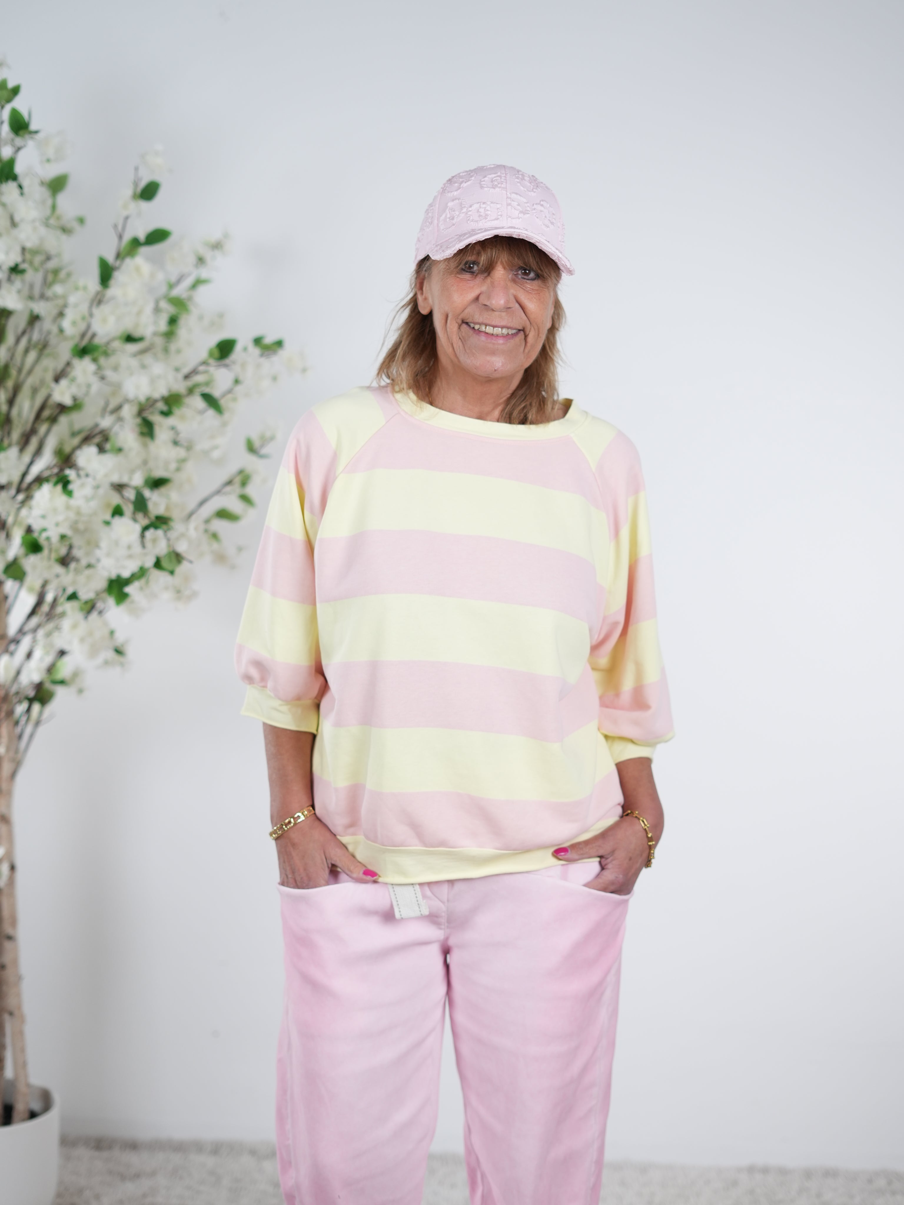 gestreiftes Sweaty mit Rundhalsausschnitt One Size (ca Gr. 38 "oversize"-42) Gelb Rosa