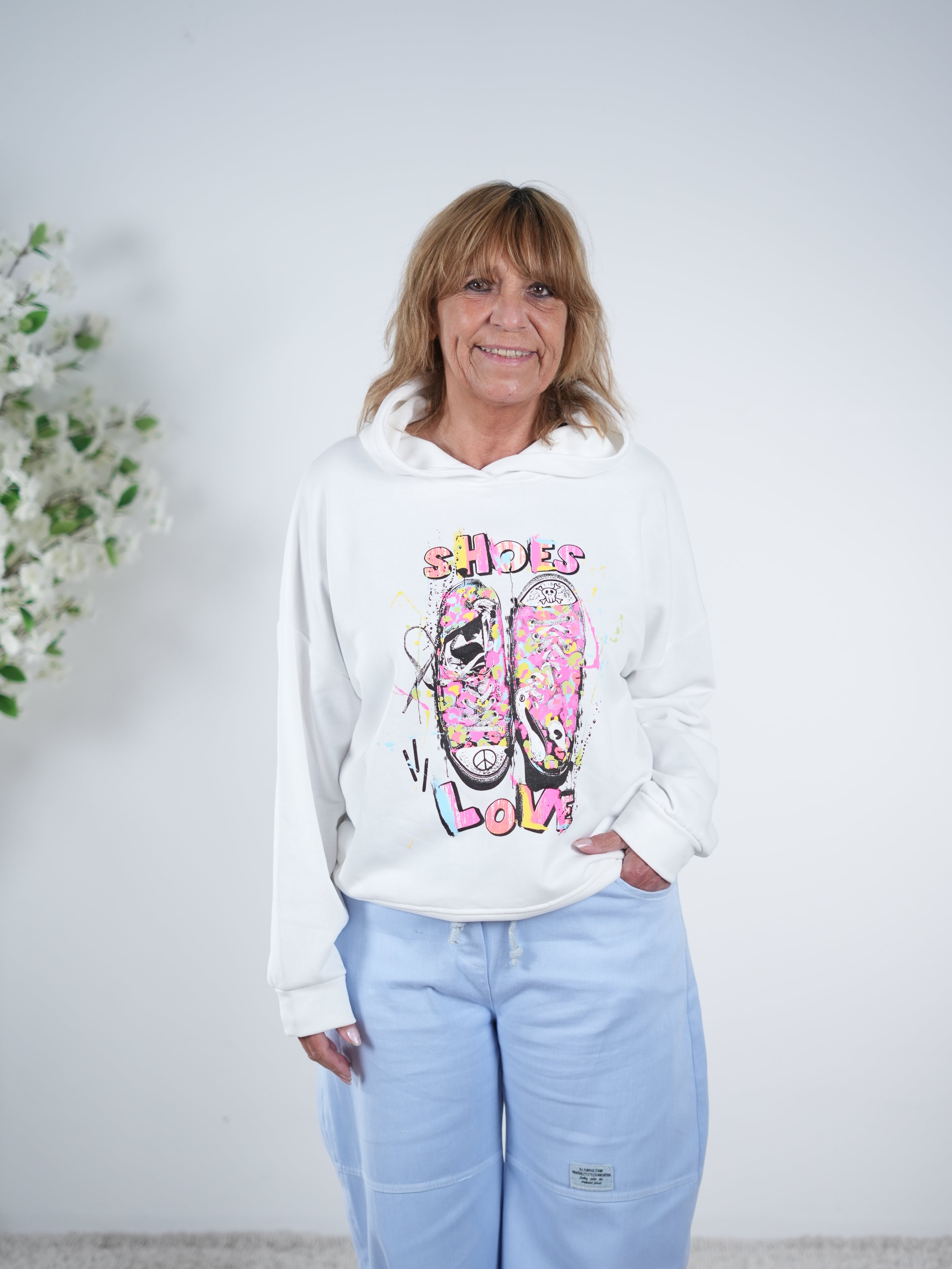 Hoody mit buntem "Schuh" Motiv One Size (ca Größe 38-42) Weiß