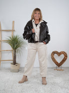 Kunstlederjacke mit Ballon Ärmeln Schwarz