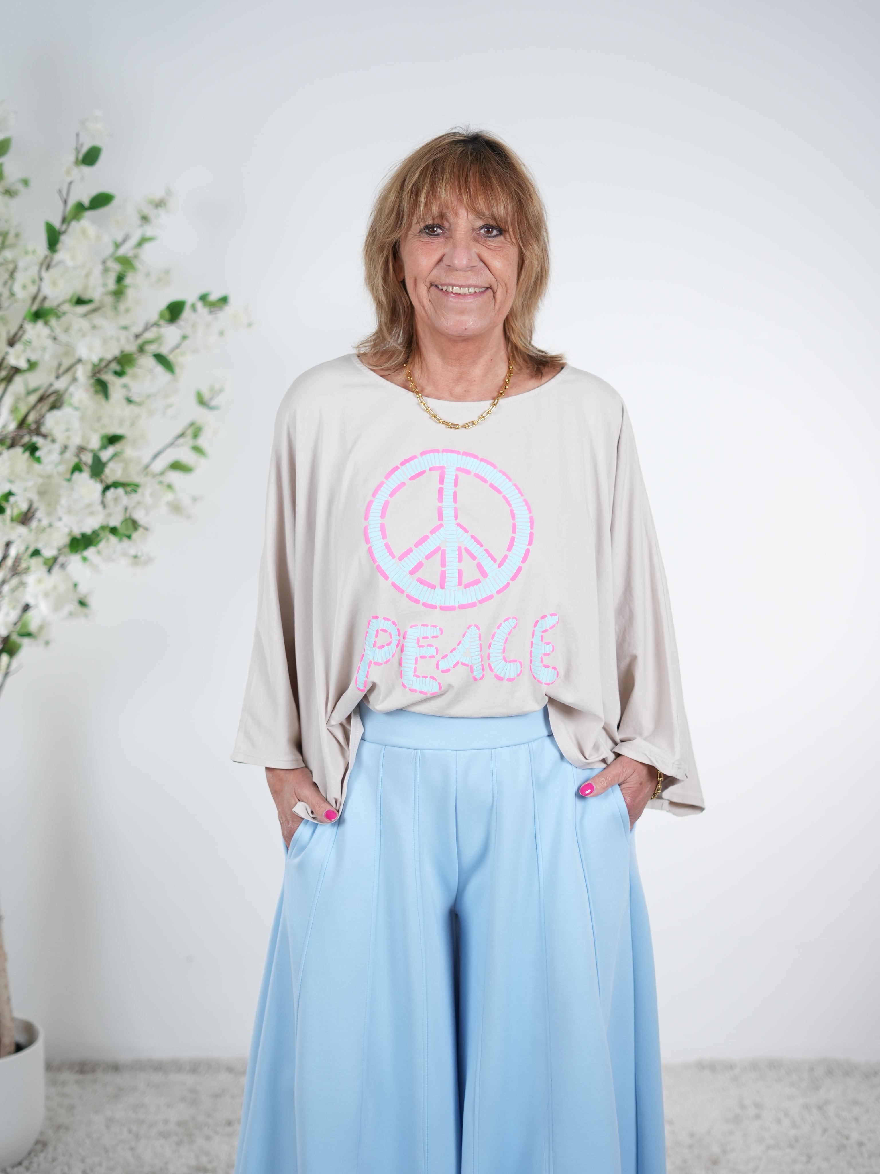 Lässiger Poncho mit "Peace" Print One Size (ca Gr. 38-44 46) Beige
