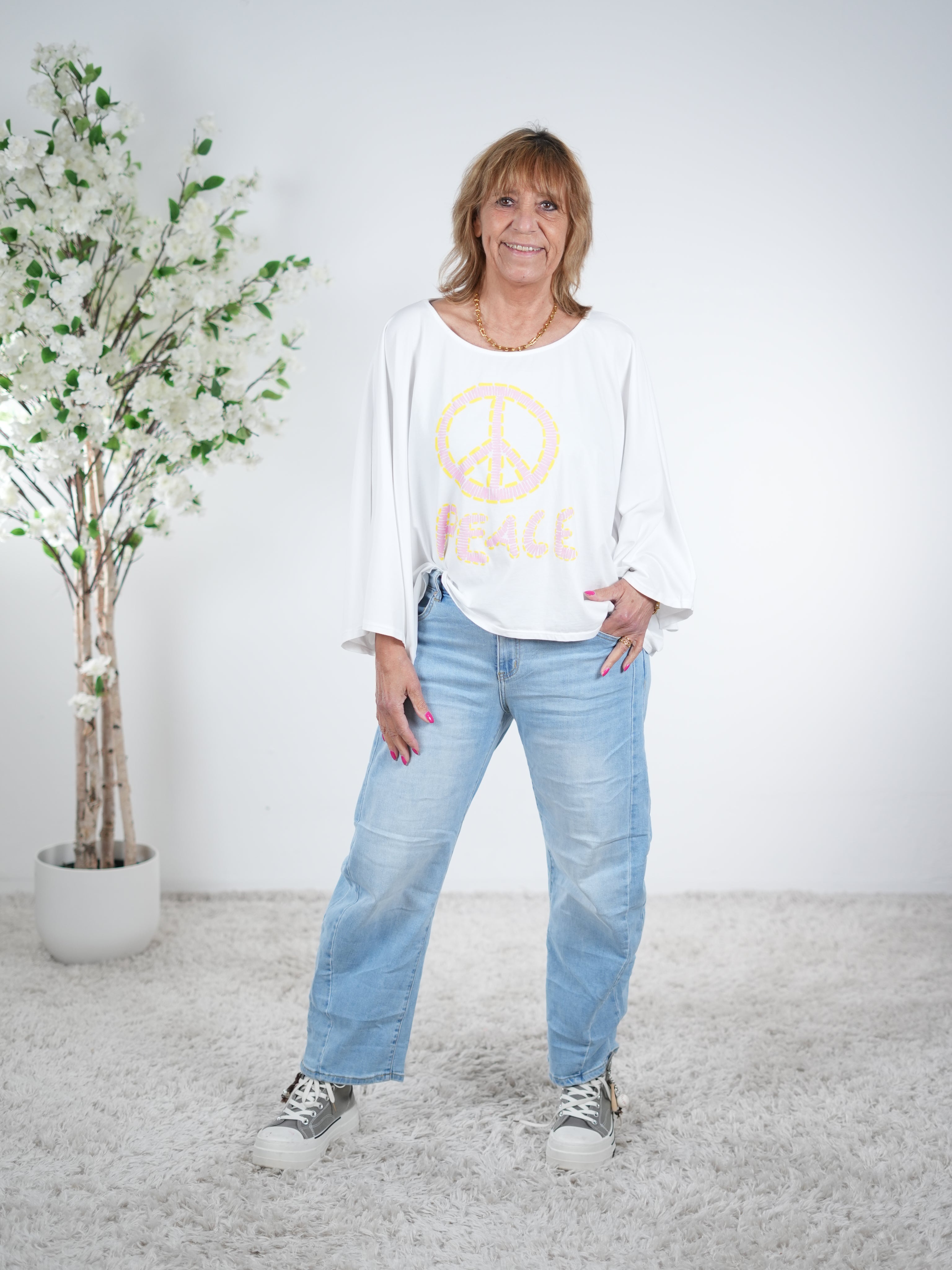 Lässiger Poncho mit "Peace" Print One Size (ca Gr. 38-44 46) Weiß