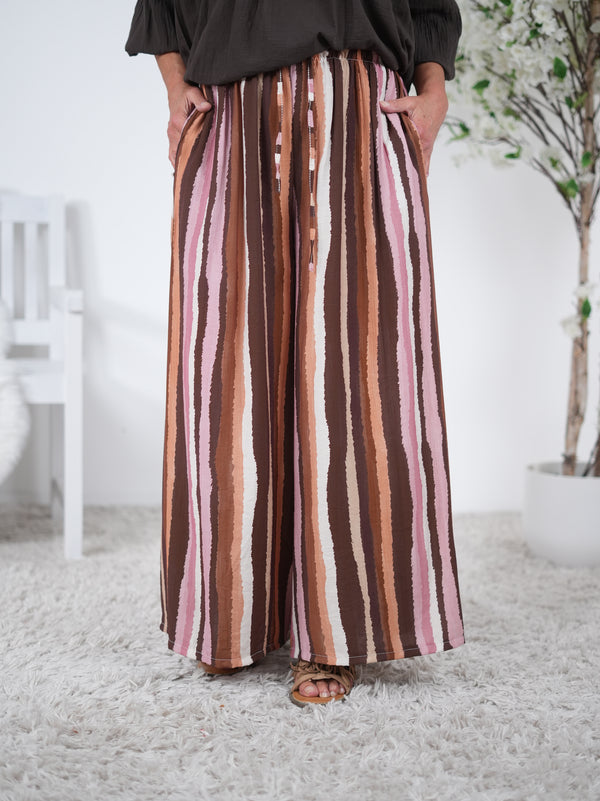 leichte Marlene Hose im Streifen Design Schoko Rosa Apricot