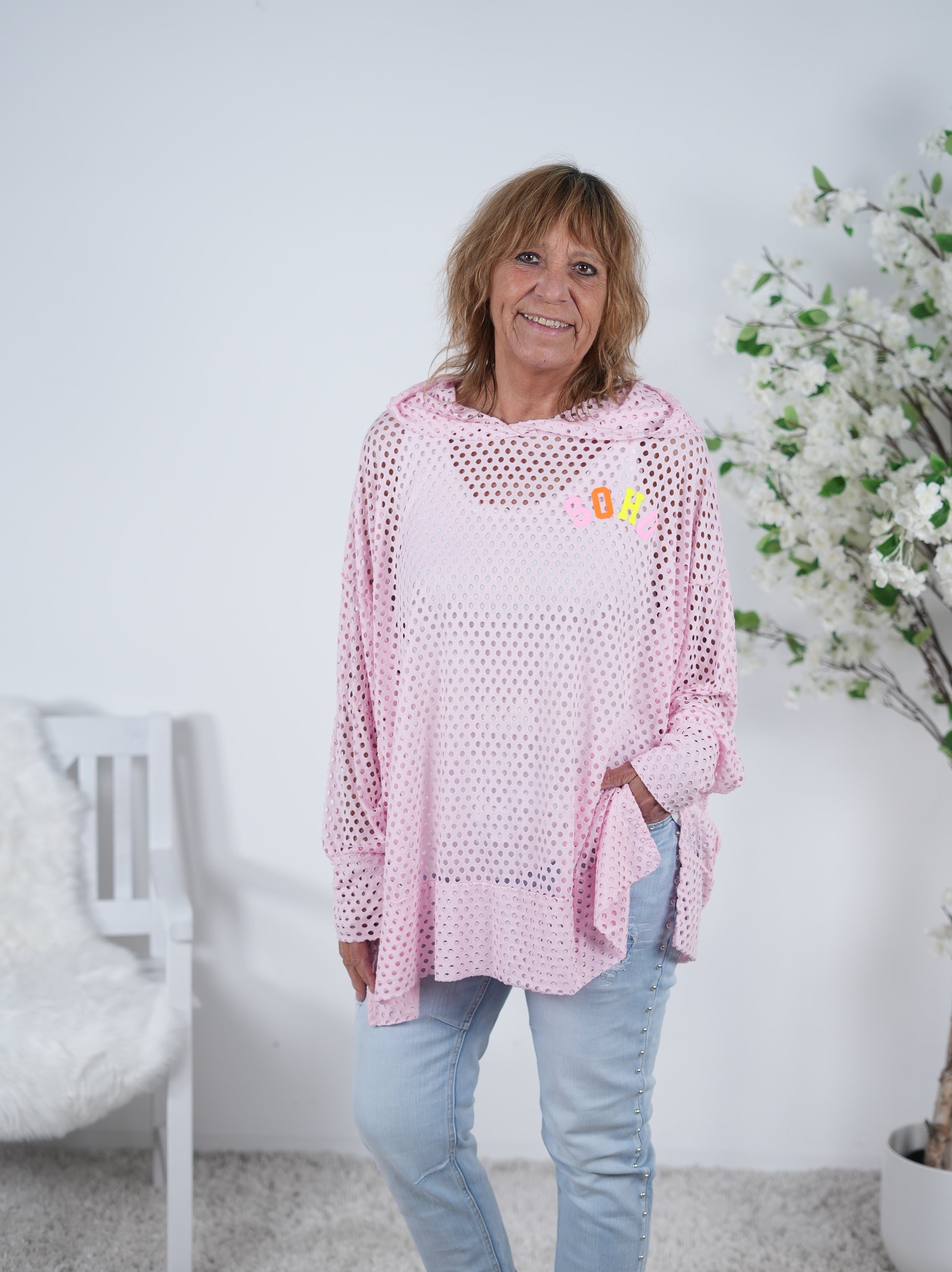 Leichter Netz Hoody mit bunten Buchstaben Einheitsgröße (ca Gr. 42 "oversize"-46 48) Rosa