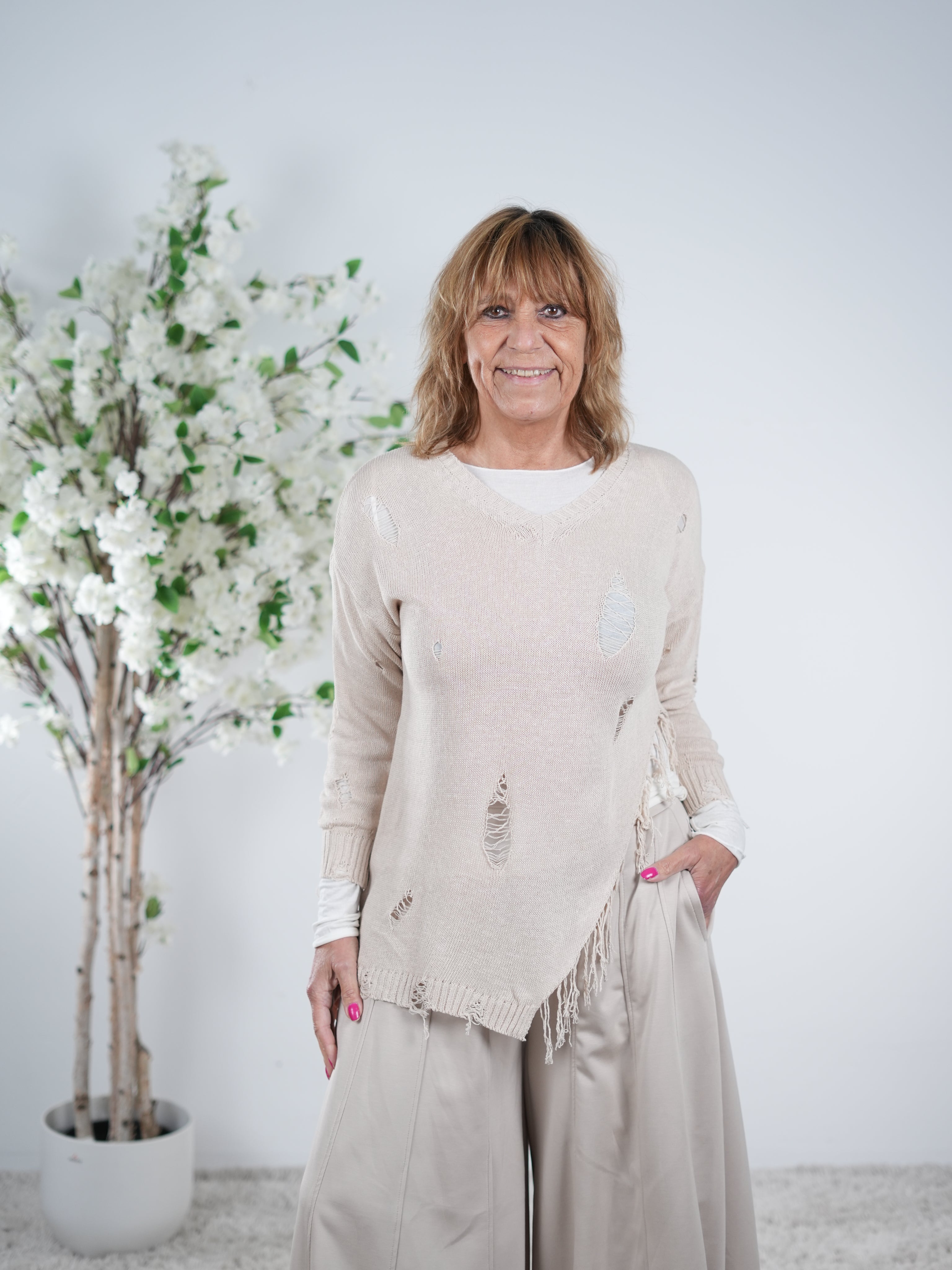 leichter Strickpulli im Destroyed Look One Size (ca Gr. 36-40) Sand