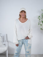 Leichter Strickpulli im "Vokuhila" Schnitt Einheitsgröße (ca Gr. 38 "oversize"-44) Creme
