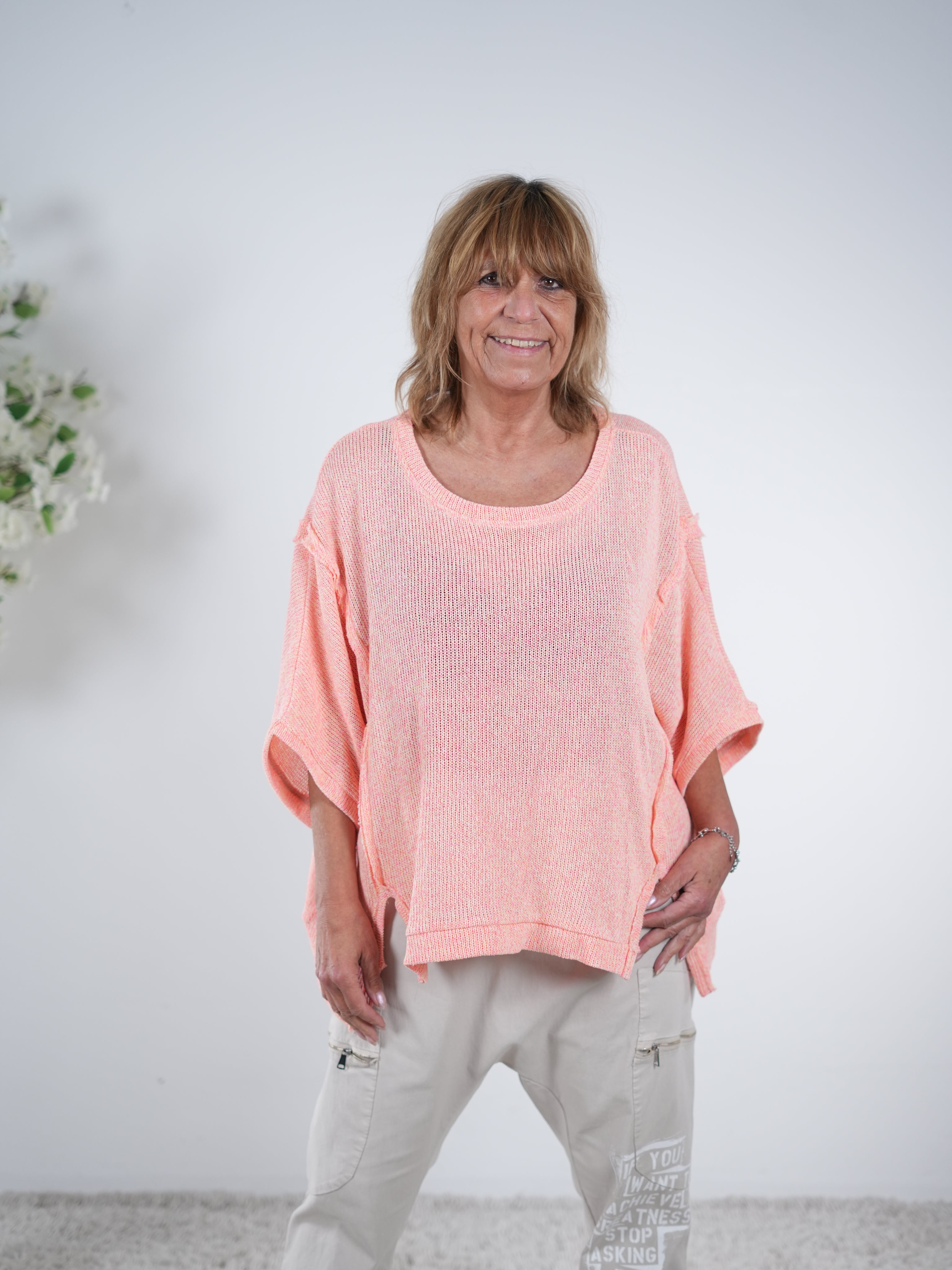 Leichter Strickpulli mit Außennähten, meliert One Size (ca Gr. 40 "oversize"-46) Lachs