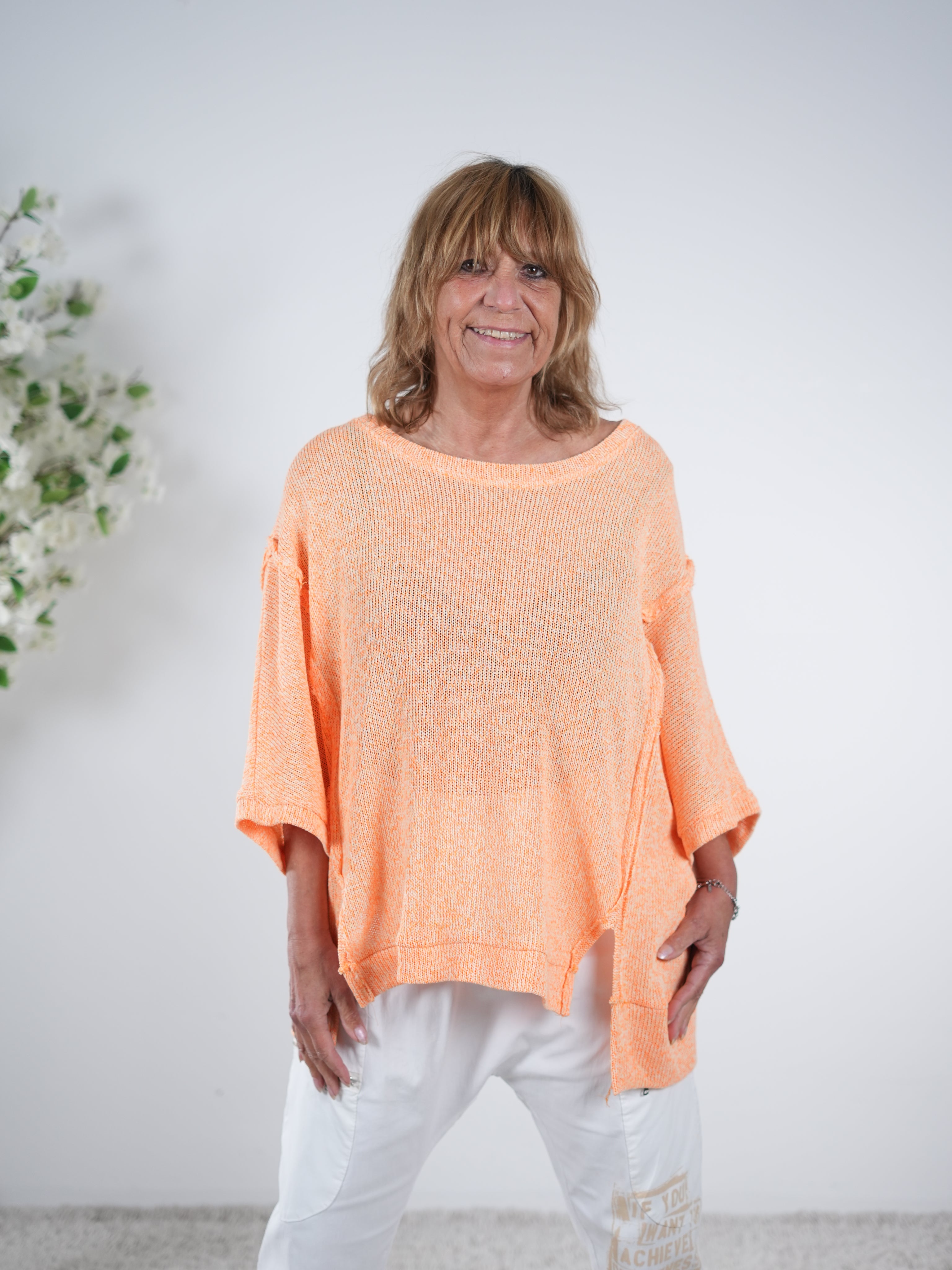 Leichter Strickpulli mit Außennähten, meliert One Size (ca Gr. 40 "oversize"-46) Orange
