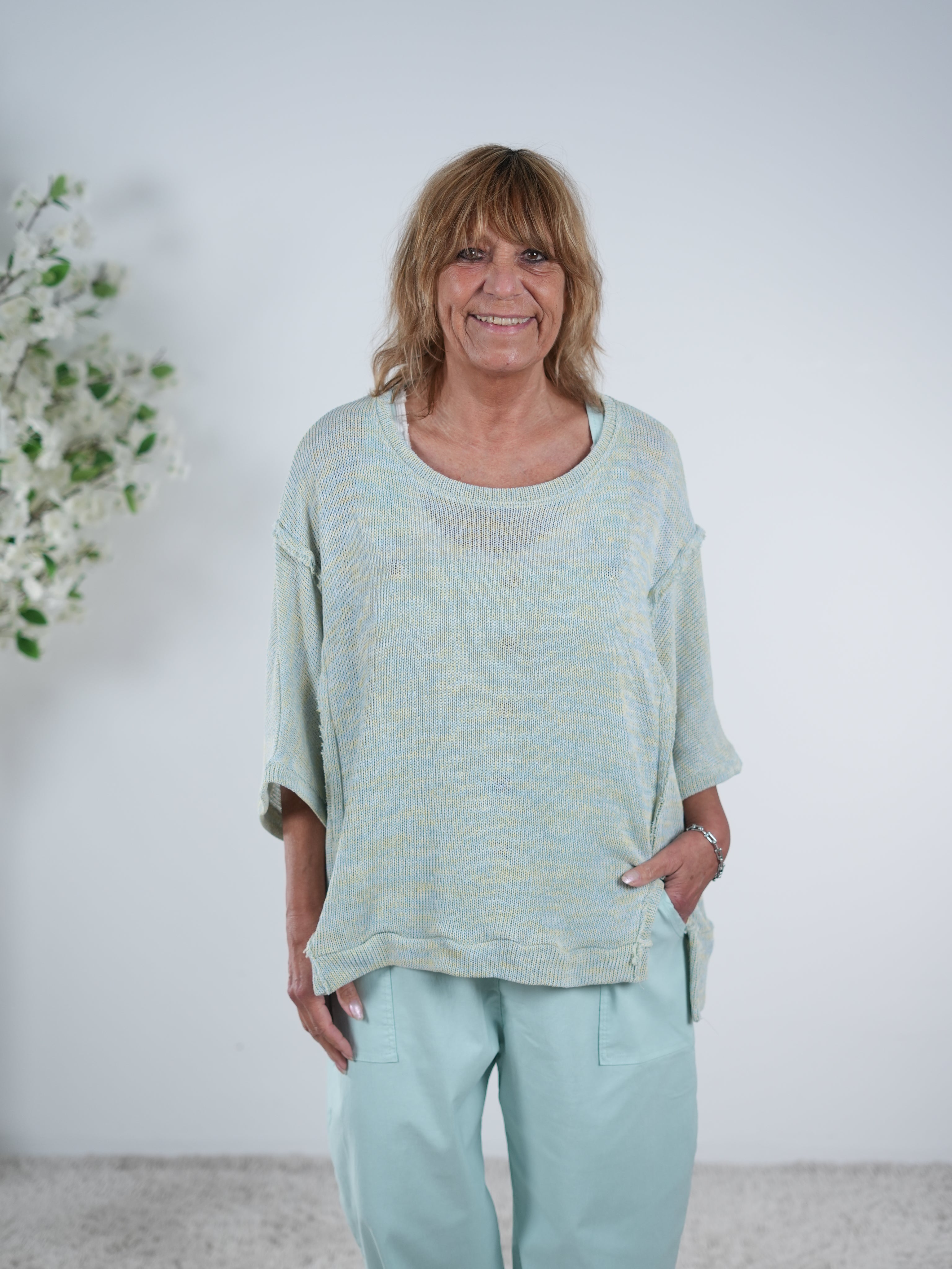 Leichter Strickpulli mit Außennähten, meliert One Size (ca Gr. 40 "oversize"-46) Türkis