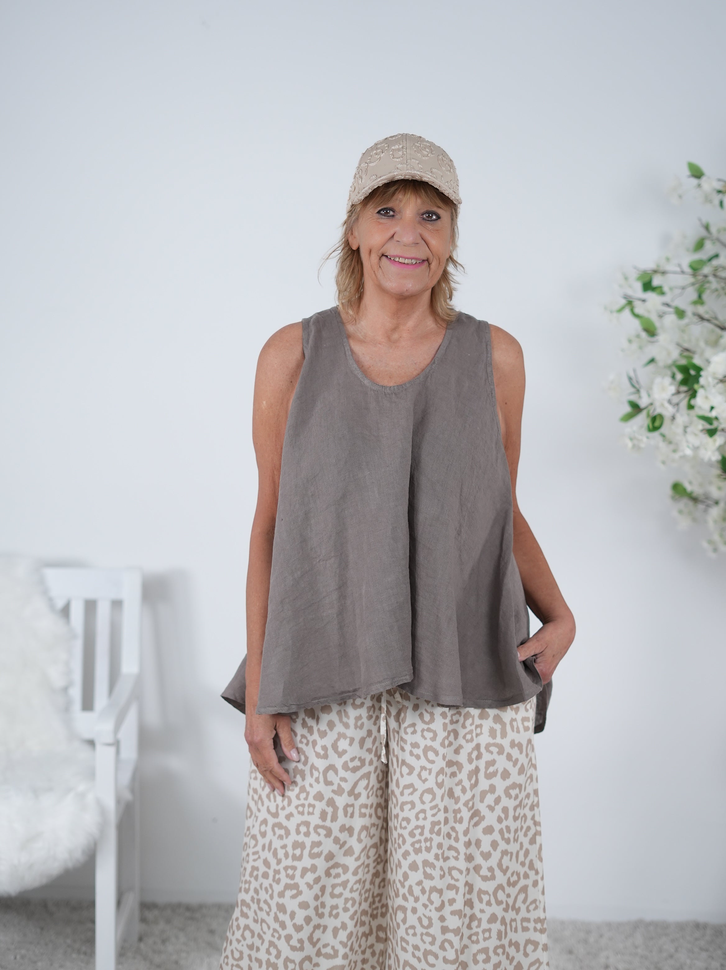 leichtes Leinen Top mit Rundhalsausschnitt Einheitsgröße (ca Gr. 40 "oversize"-44) Taupe